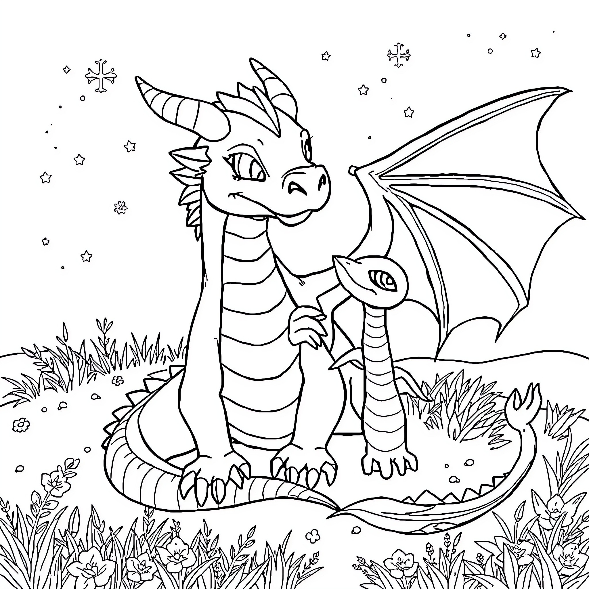 Dragon Playing Happily in Magical Snowy Landscape Coloring Page (free black-and-white line drawing printable PDF for all, from beginners to advanced learners, including children, teens, adults, and seniors)