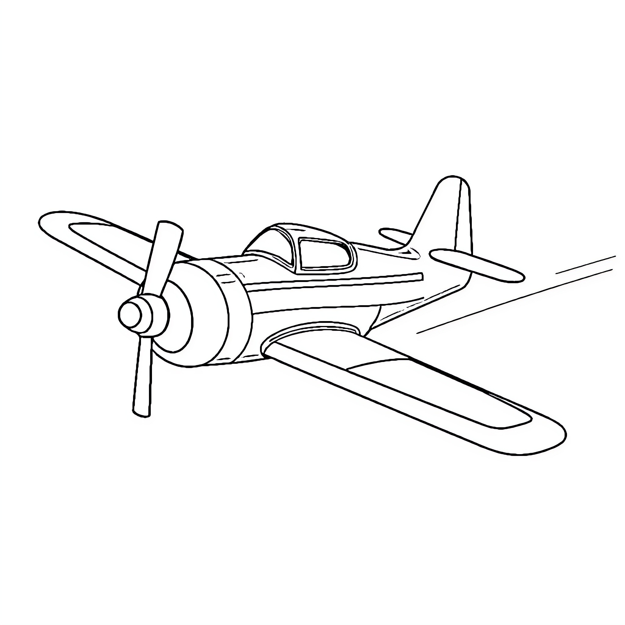 Playful propeller plane in flight Coloring Page (free black-and-white line drawing printable PDF for all, from beginners to advanced learners, including children, teens, adults, and seniors)