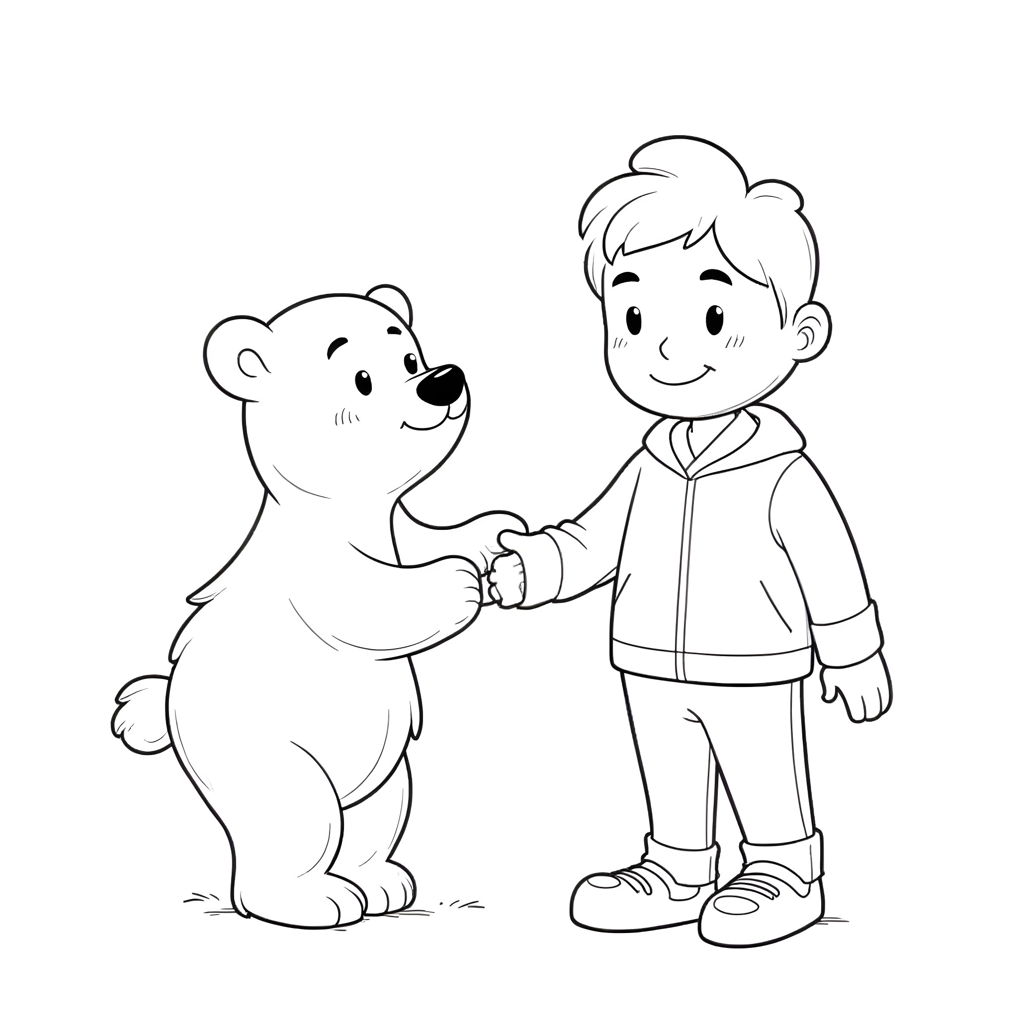 Polar Bear and Boy Shaking Hands Coloring Page (free black-and-white line drawing printable PDF for all, from beginners to advanced learners, including children, teens, adults, and seniors)