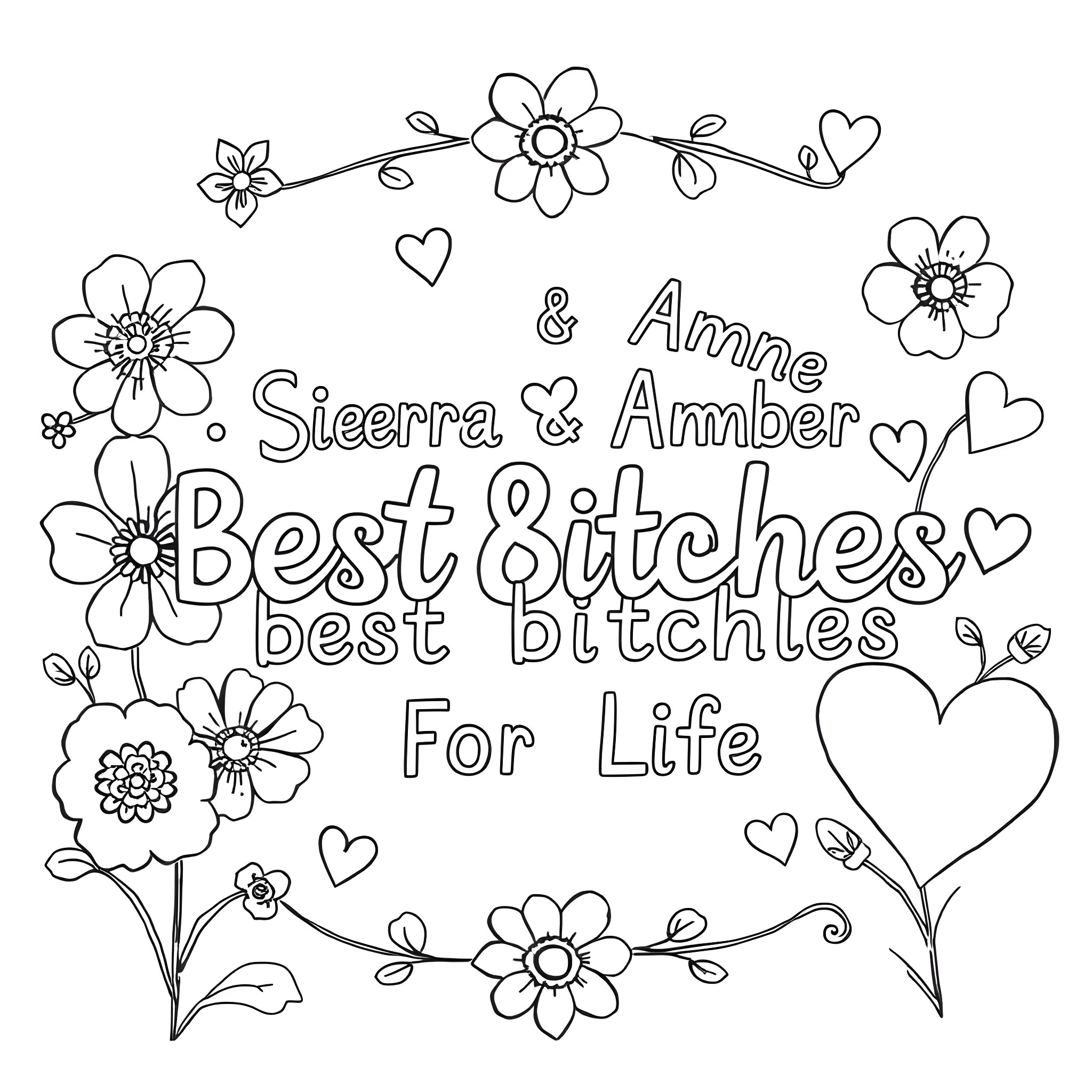 Friendship through flowers and hearts Coloring Page (free black-and-white line drawing printable PDF for all, from beginners to advanced learners, including children, teens, adults, and seniors)
