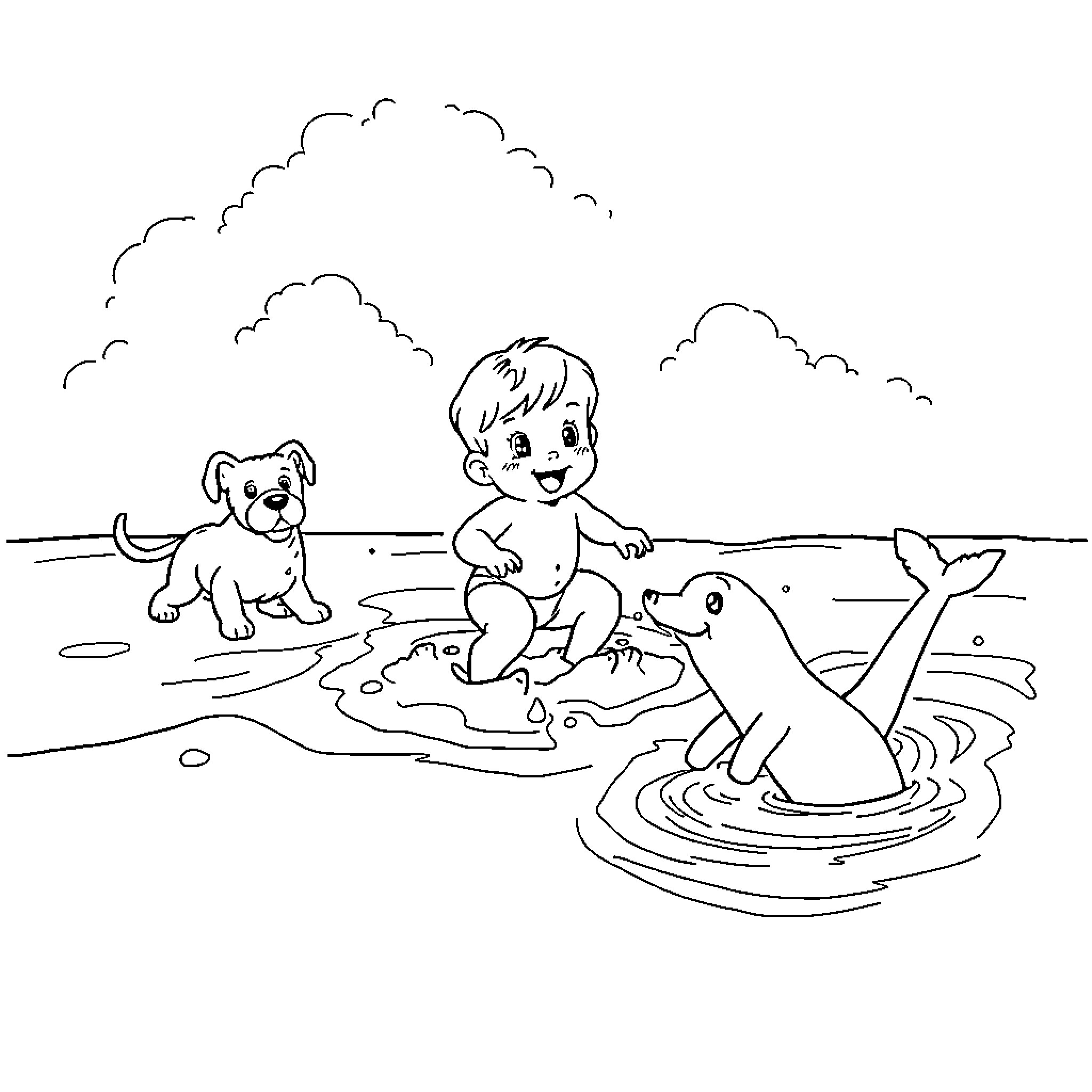 Baby playing with puppies and sea creatures Coloring Page (free black-and-white line drawing printable PDF for all, from beginners to advanced learners, including children, teens, adults, and seniors)