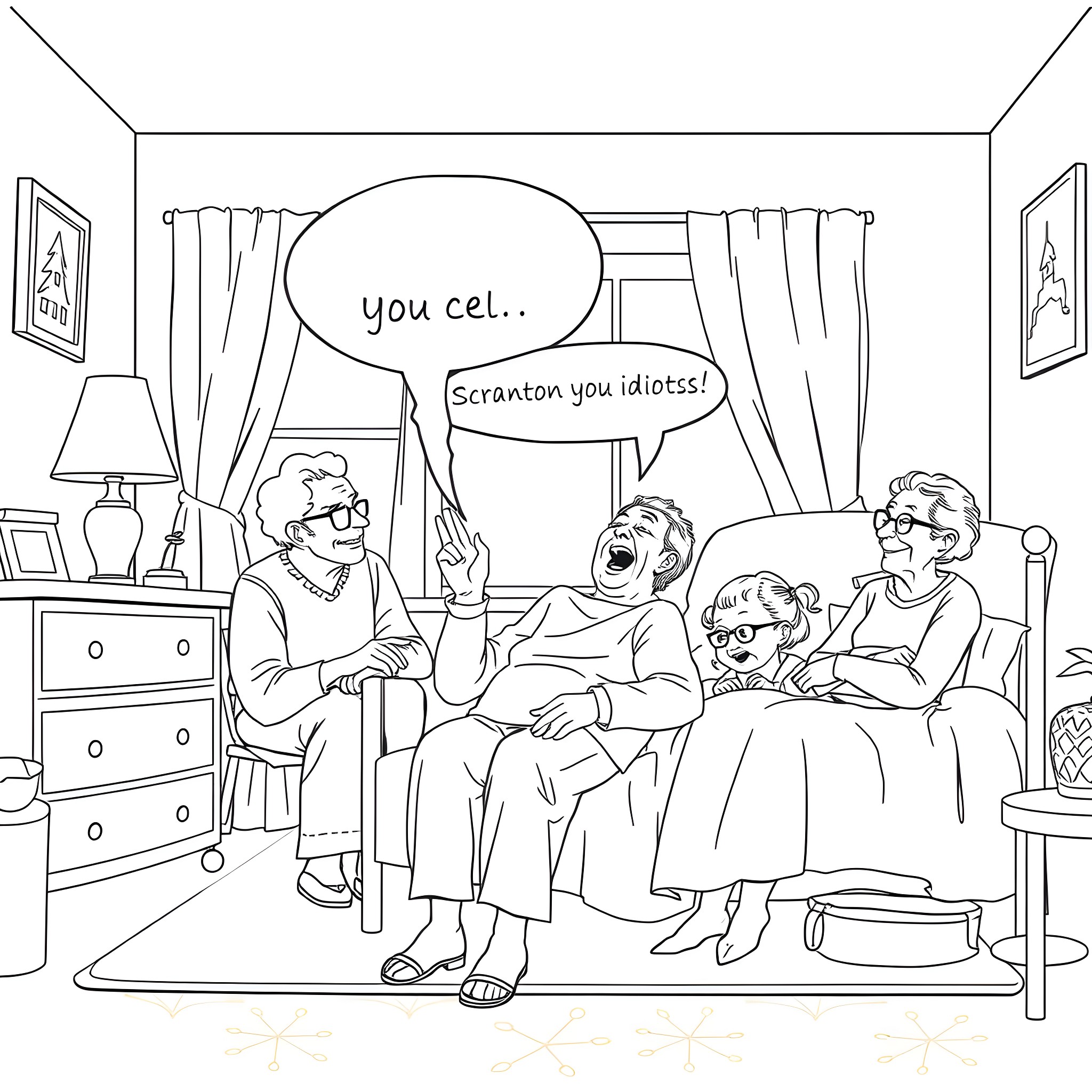 Lady bickering with family in living room Coloring Page (free black-and-white line drawing printable PDF for all, from beginners to advanced learners, including children, teens, adults, and seniors)