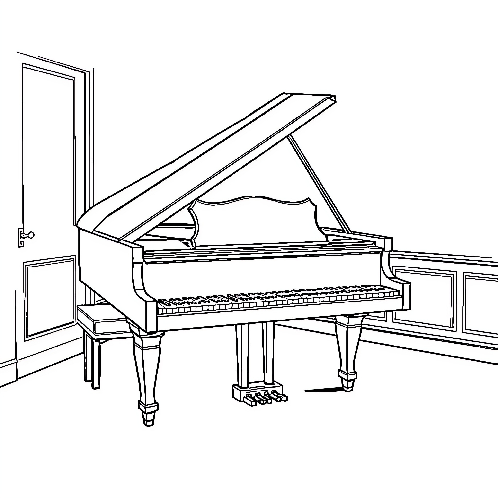 Piano in a dimly lit room Coloring Page (free black-and-white line drawing printable PDF for all, from beginners to advanced learners, including children, teens, adults, and seniors)