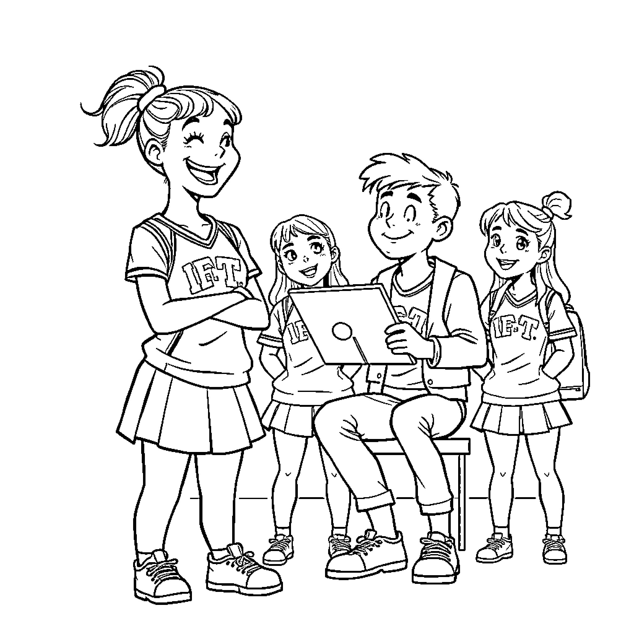 Cheerleaders displaying teamwork and enthusiasm Coloring Page (free black-and-white line drawing printable PDF for all, from beginners to advanced learners, including children, teens, adults, and seniors)