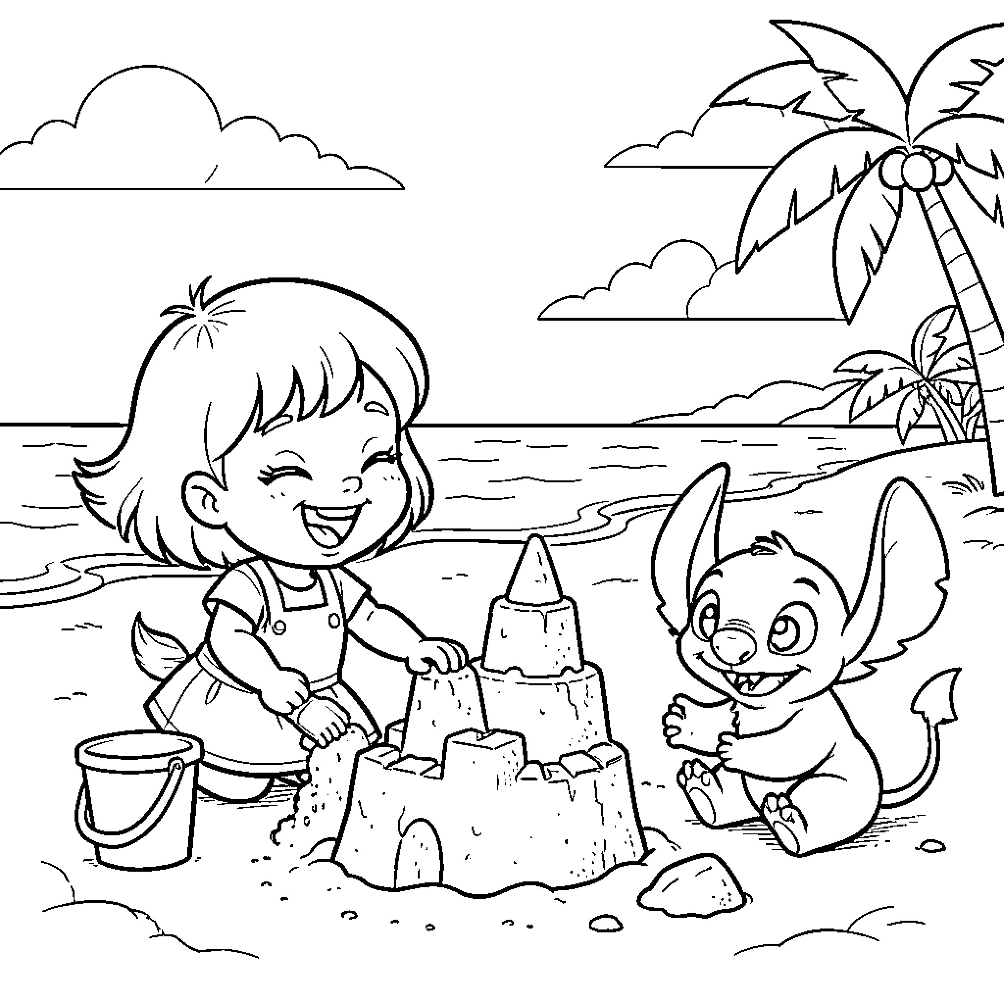 Masha building a sandcastle on the beach with a friend Coloring Page (free black-and-white line drawing printable PDF for all, from beginners to advanced learners, including children, teens, adults, and seniors)