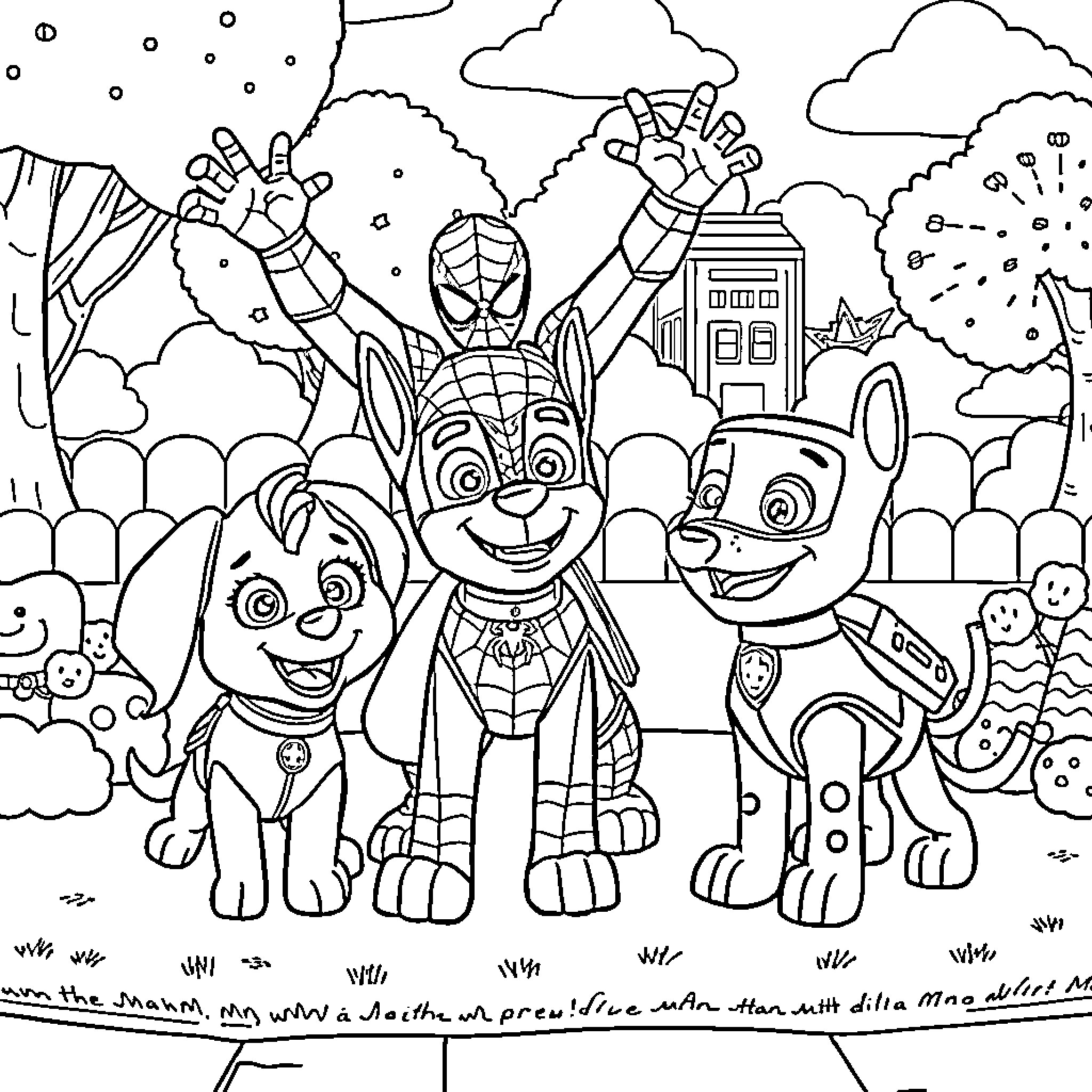 Paw Patrol characters in adventurous poses Coloring Page (free black-and-white line drawing printable PDF for all, from beginners to advanced learners, including children, teens, adults, and seniors)