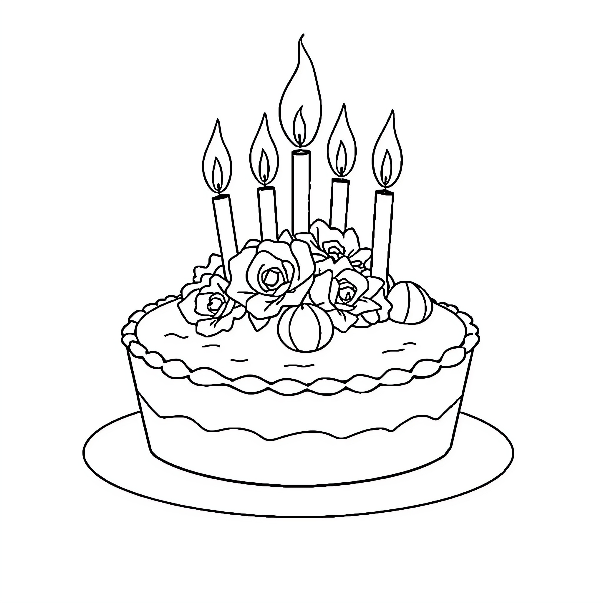 Birthday Cake with Flowers and Candles Coloring Page (free black-and-white line drawing printable PDF for all, from beginners to advanced learners, including children, teens, adults, and seniors)