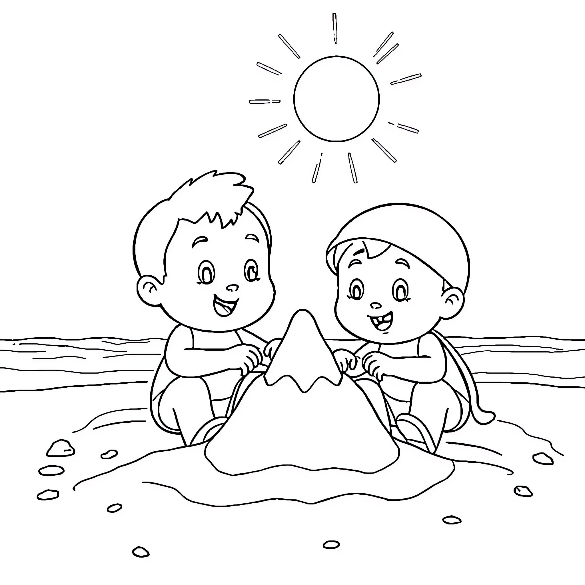 Pocoyo and friend build a sandcastle on the beach Coloring Page (free black-and-white line drawing printable PDF for all, from beginners to advanced learners, including children, teens, adults, and seniors)