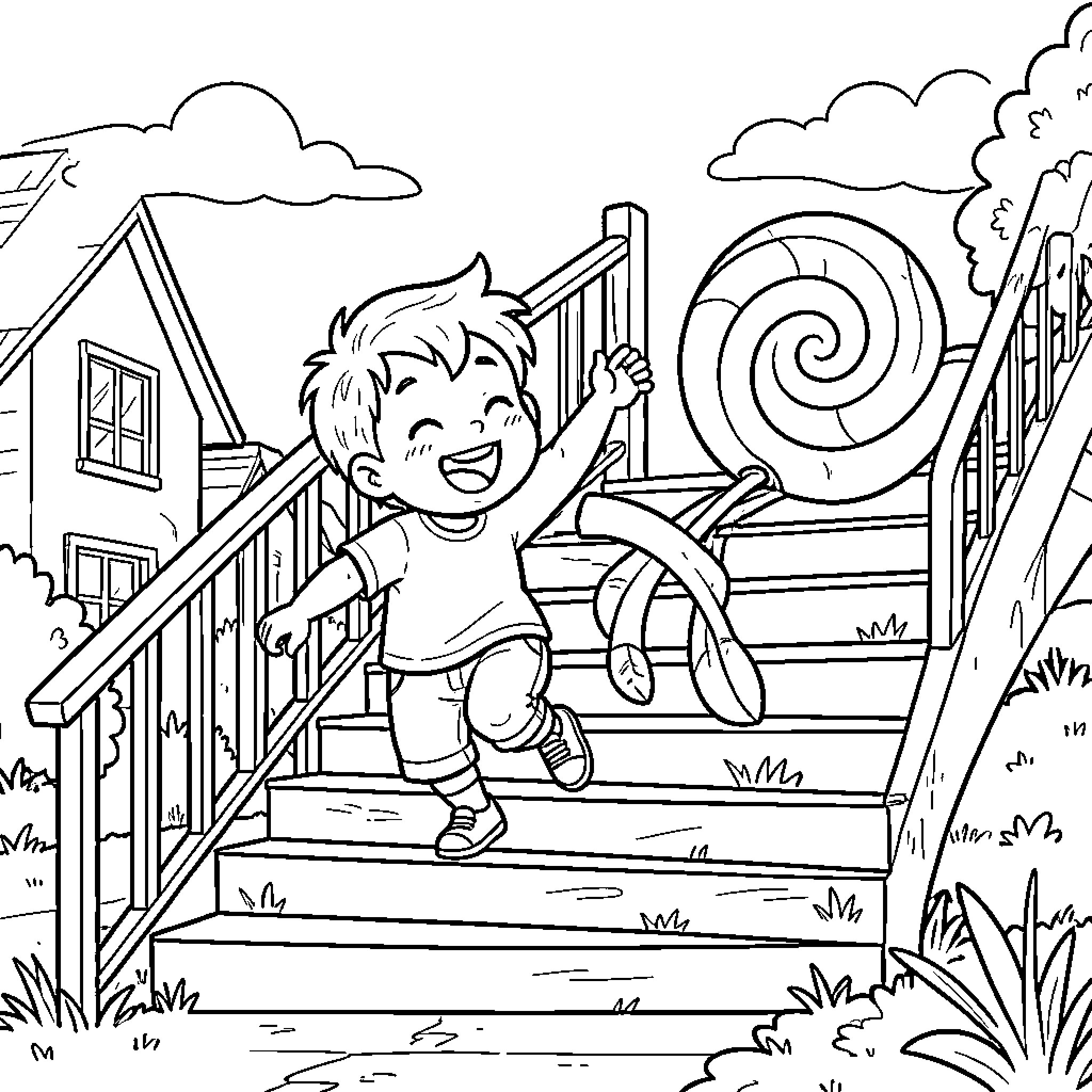 Niño joyfully running up the stairs Coloring Page (free black-and-white line drawing printable PDF for all, from beginners to advanced learners, including children, teens, adults, and seniors)
