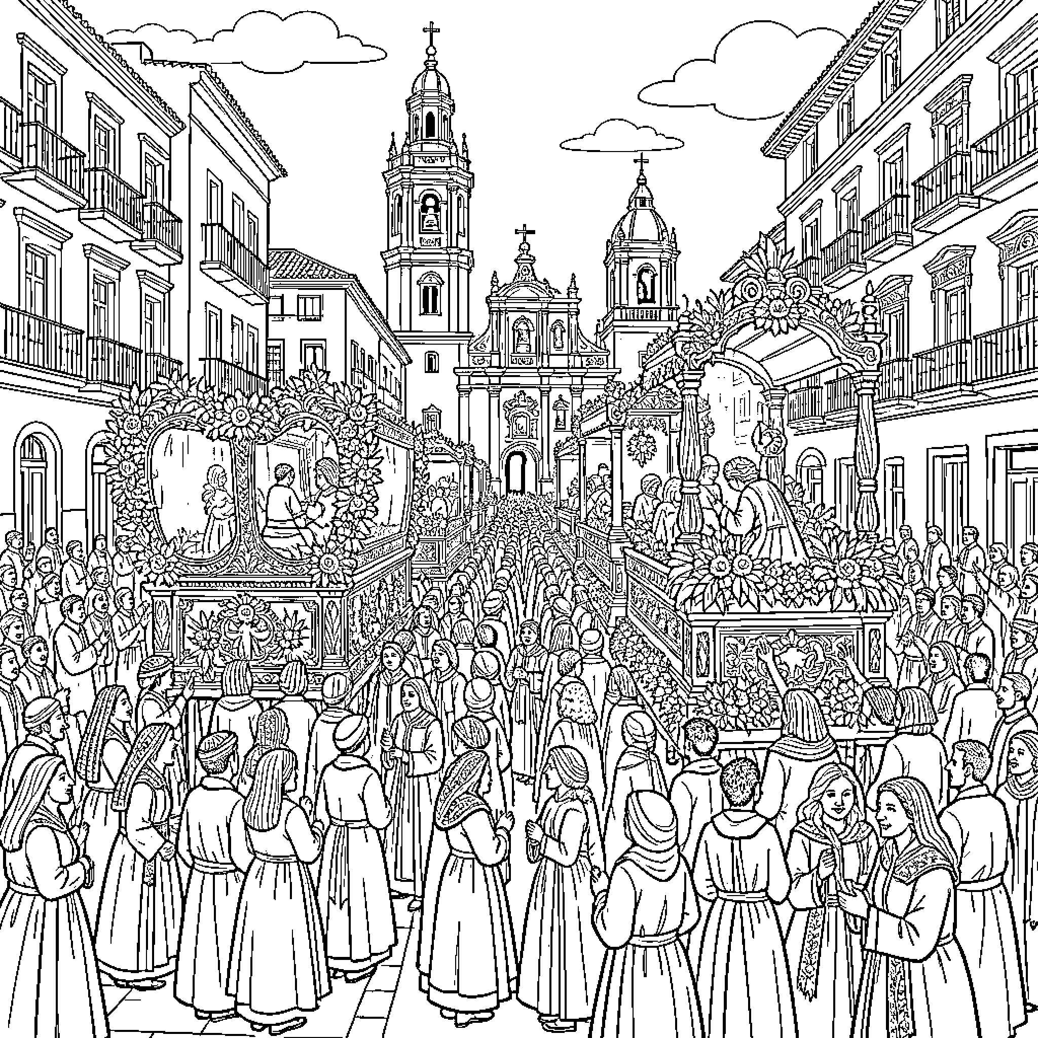 Semana Santa: Vibrant Procession of Faith and Devotion Coloring Page (free black-and-white line drawing printable PDF for all, from beginners to advanced learners, including children, teens, adults, and seniors)