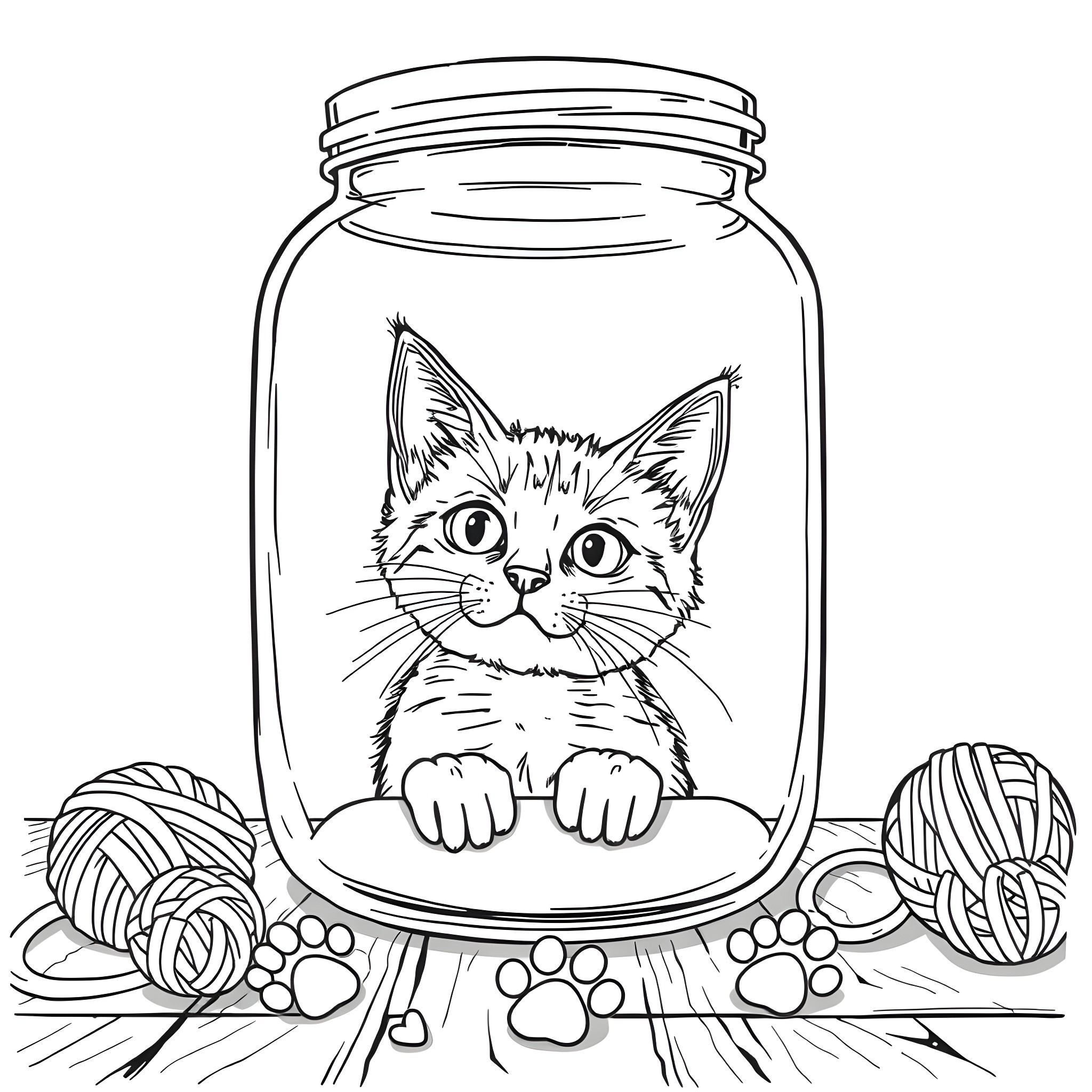 Cat peering out of a glass jar with yarn balls Coloring Page (free black-and-white line drawing printable PDF for all, from beginners to advanced learners, including children, teens, adults, and seniors)