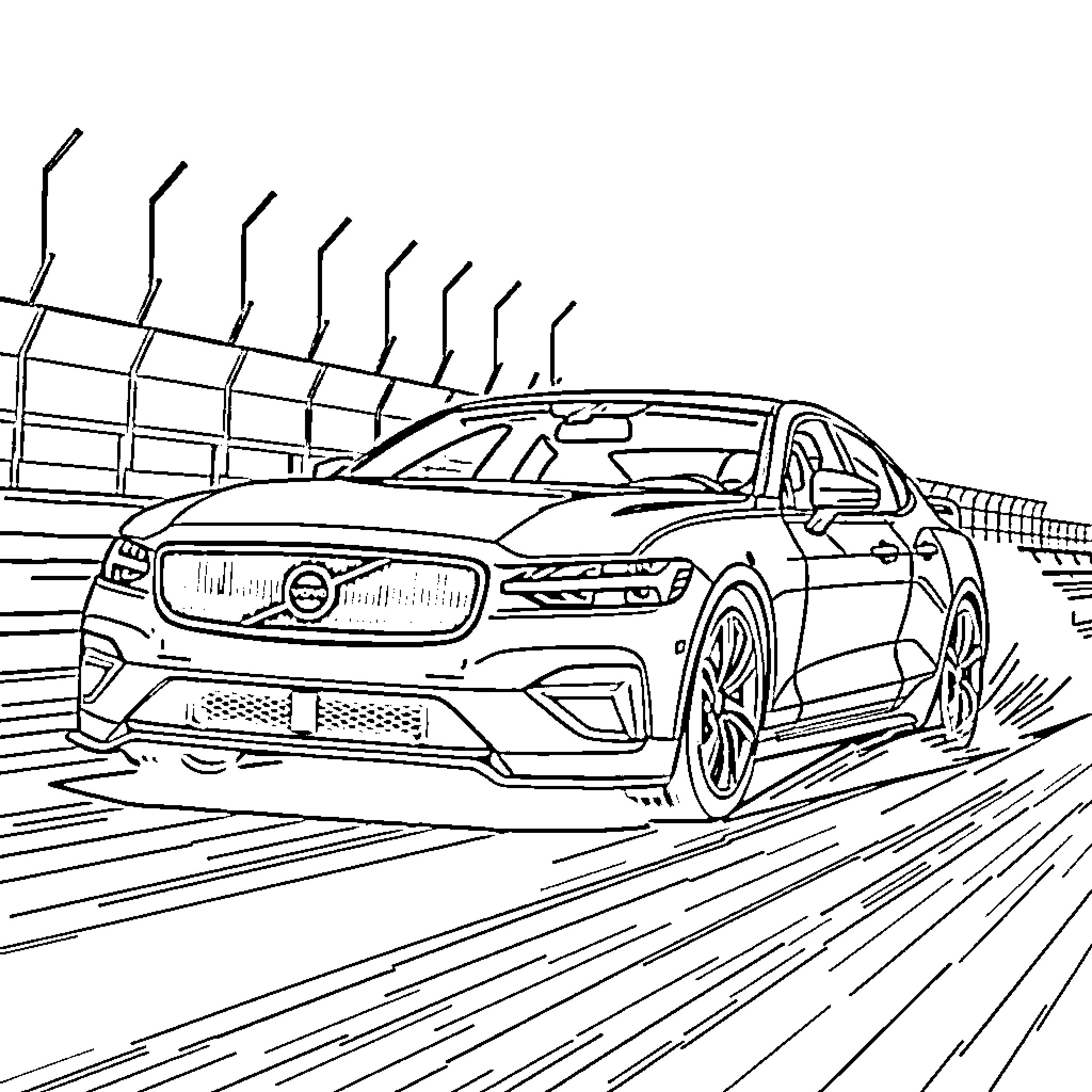 Volvo sports car speeding on racetrack Coloring Page (free black-and-white line drawing printable PDF for all, from beginners to advanced learners, including children, teens, adults, and seniors)