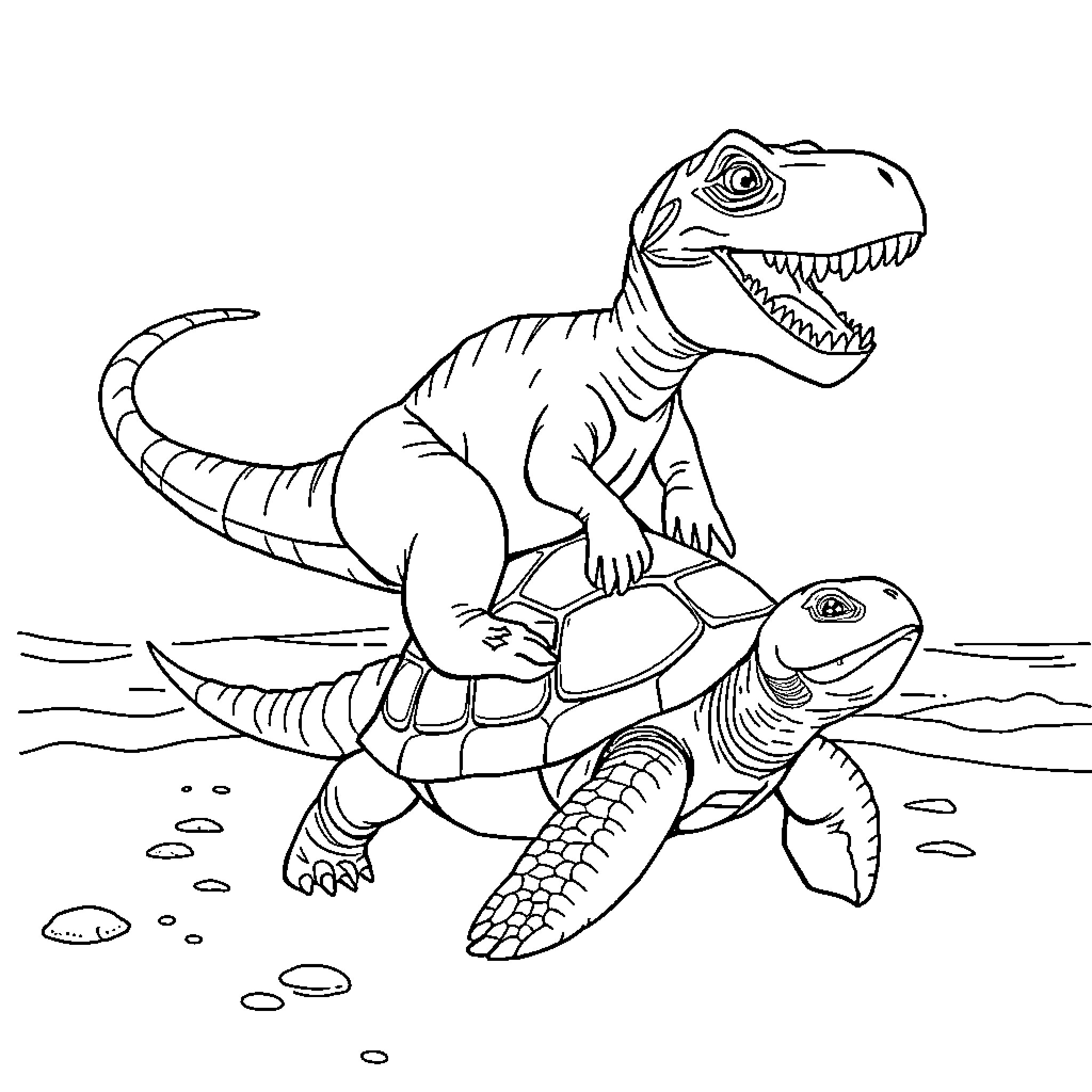 Dinosaur riding on turtle in the wild Coloring Page (free black-and-white line drawing printable PDF for all, from beginners to advanced learners, including children, teens, adults, and seniors)