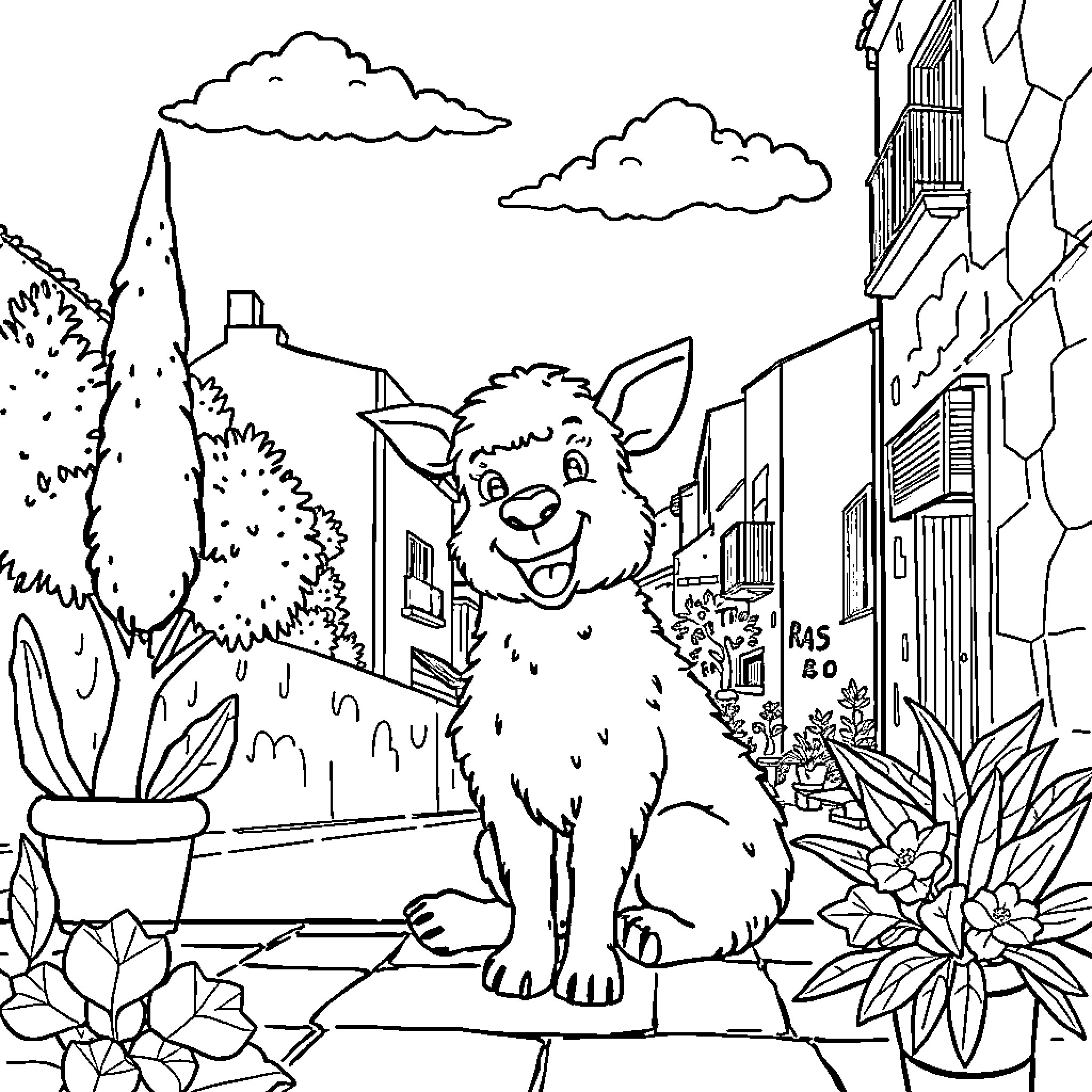 Luli, the Joyful Rabbit in a Quaint Town Coloring Page (free black-and-white line drawing printable PDF for all, from beginners to advanced learners, including children, teens, adults, and seniors)