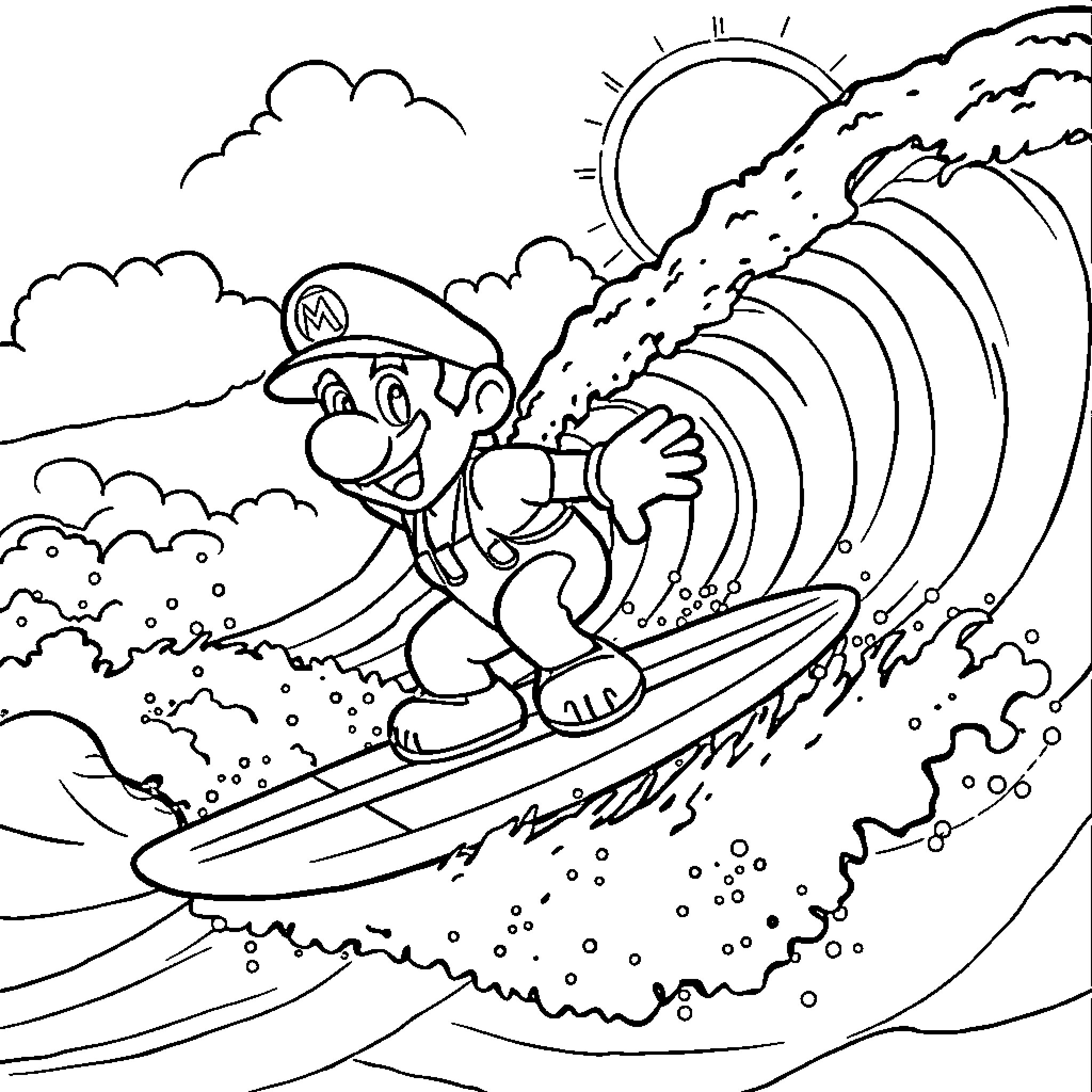 Mario riding a surfboard in the waves Coloring Page (free black-and-white line drawing printable PDF for all, from beginners to advanced learners, including children, teens, adults, and seniors)