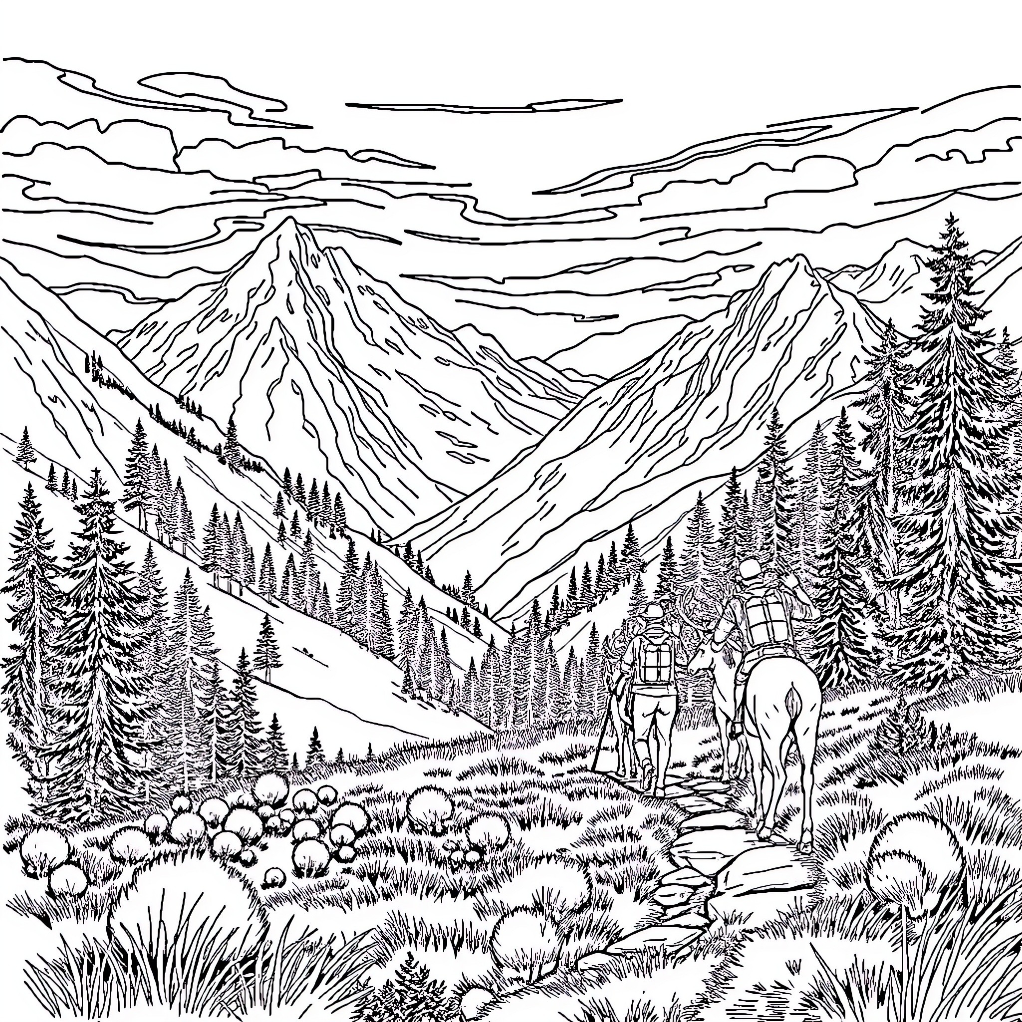 Elk roaming through scenic mountain landscape Coloring Page (free black-and-white line drawing printable PDF for all, from beginners to advanced learners, including children, teens, adults, and seniors)