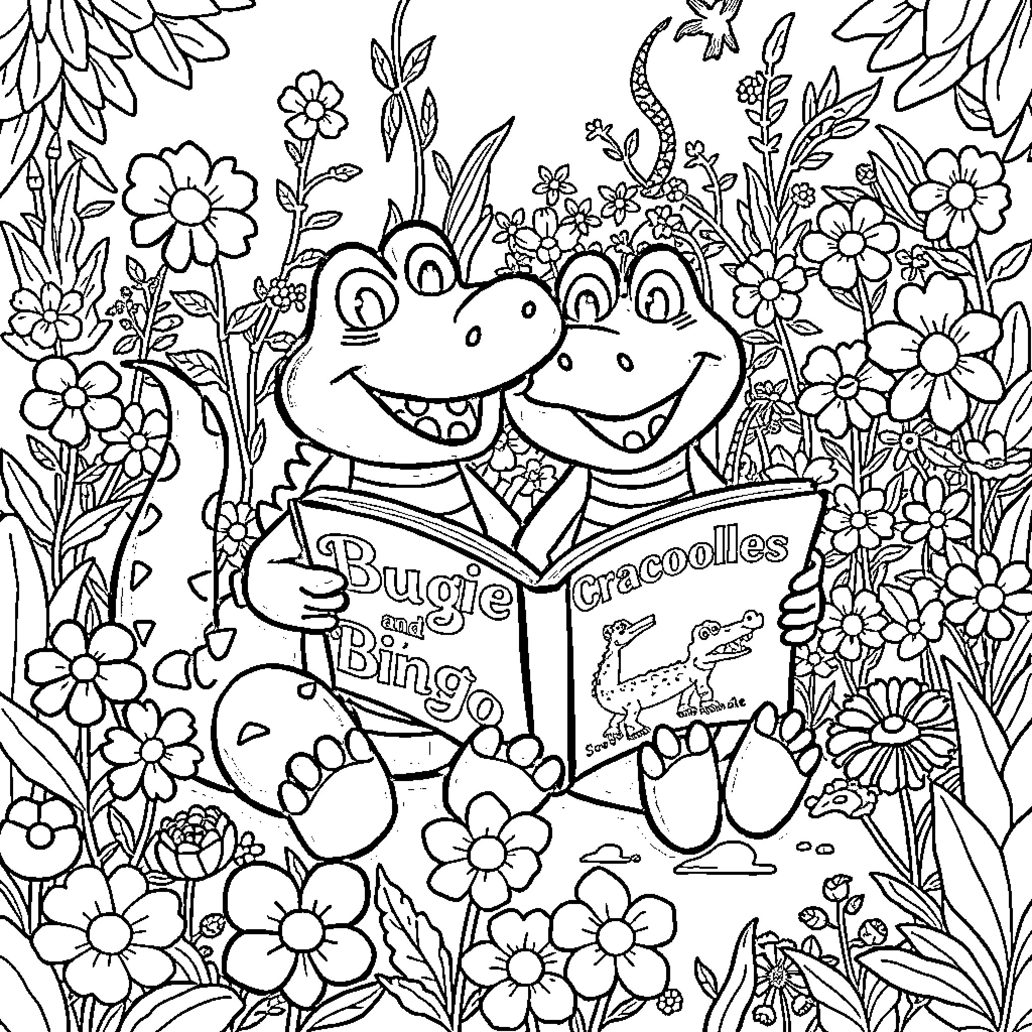 Bluey and Bingo playing happily in the garden Coloring Page (free black-and-white line drawing printable PDF for all, from beginners to advanced learners, including children, teens, adults, and seniors)