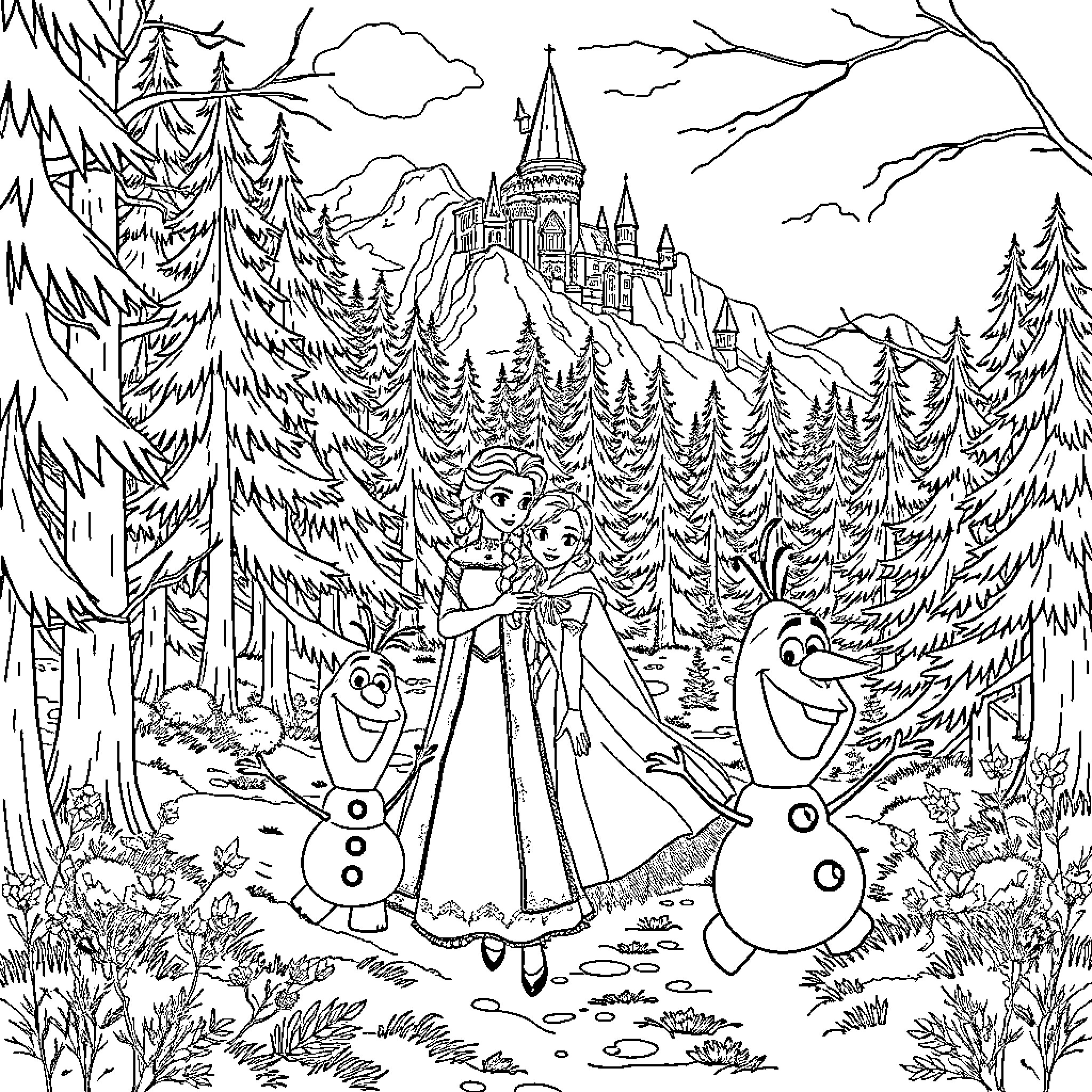 Elsa walking through a snowy forest with friends Coloring Page (free black-and-white line drawing printable PDF for all, from beginners to advanced learners, including children, teens, adults, and seniors)