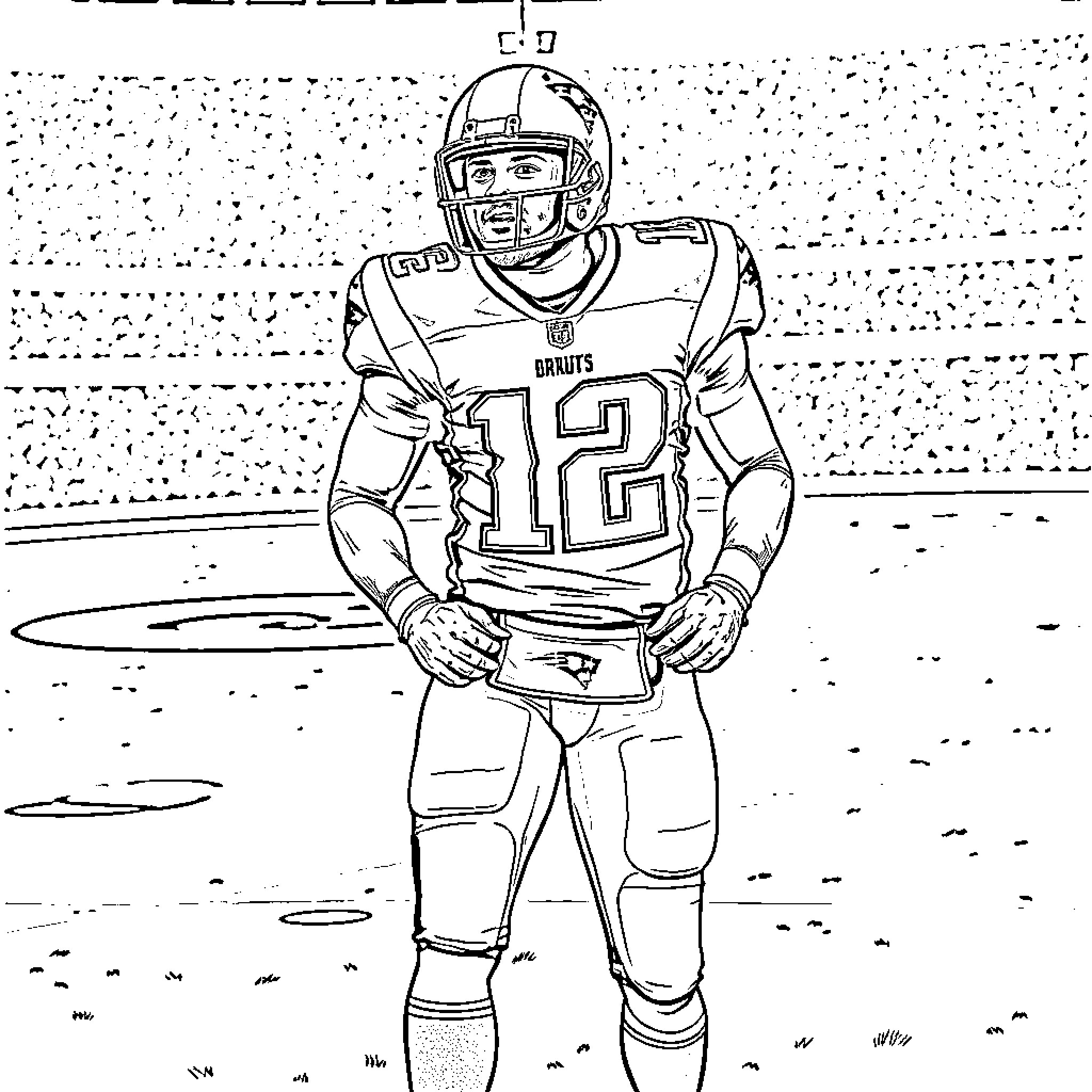 Drake Maye, a football player, standing on the field Coloring Page (free black-and-white line drawing printable PDF for all, from beginners to advanced learners, including children, teens, adults, and seniors)