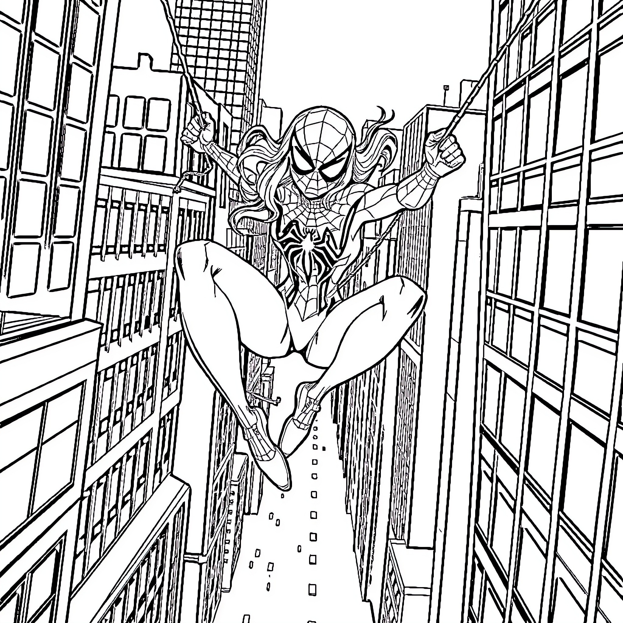 Spidergirl swinging through the city skyline Coloring Page (free black-and-white line drawing printable PDF for all, from beginners to advanced learners, including children, teens, adults, and seniors)