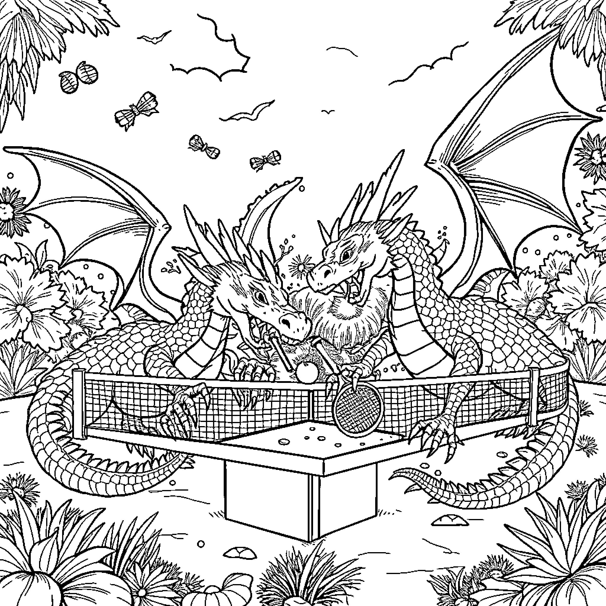Dragon playing with butterflies in an enchanted garden Coloring Page (free black-and-white line drawing printable PDF for all, from beginners to advanced learners, including children, teens, adults, and seniors)