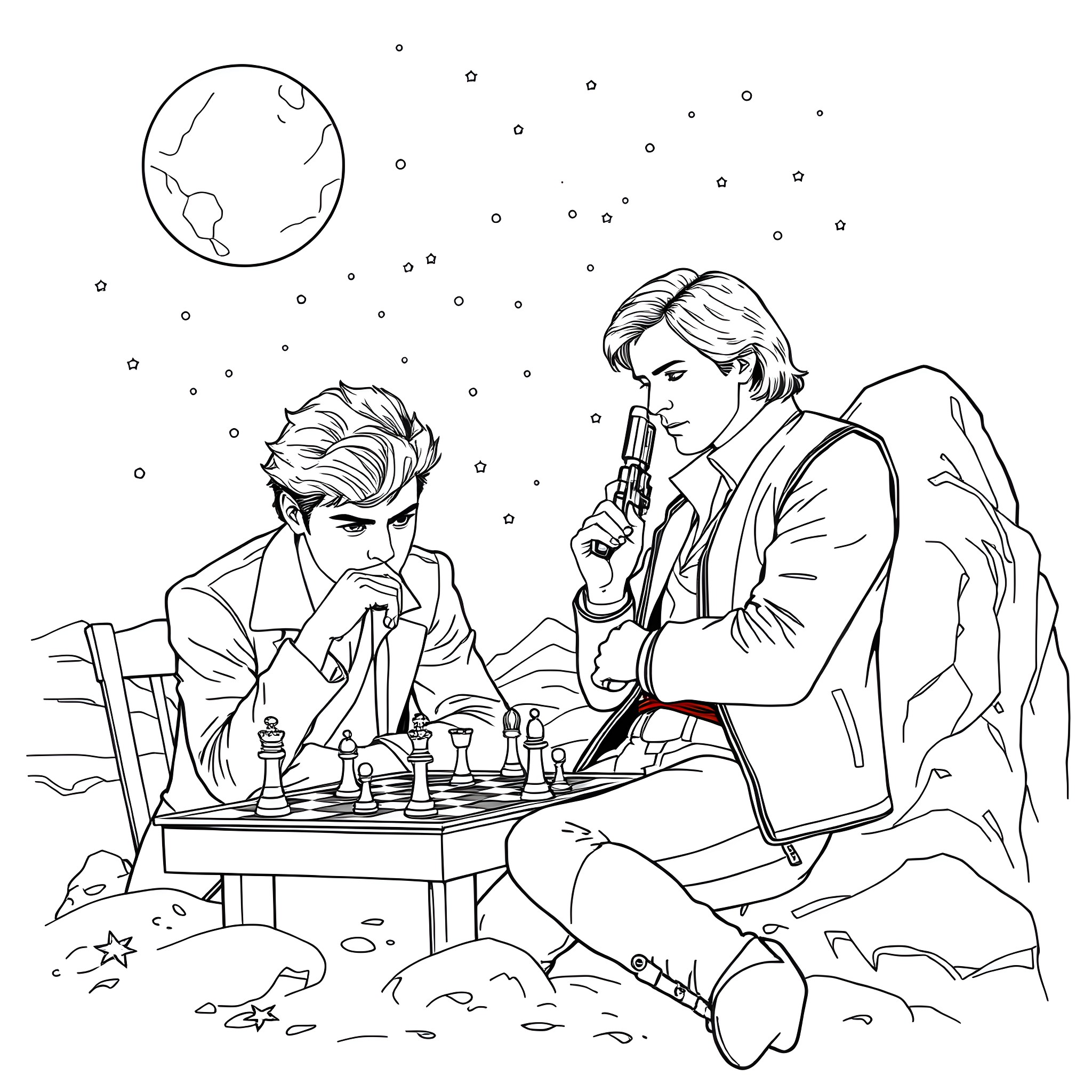 Harry Styles playing chess under the starry night sky Coloring Page (free black-and-white line drawing printable PDF for all, from beginners to advanced learners, including children, teens, adults, and seniors)