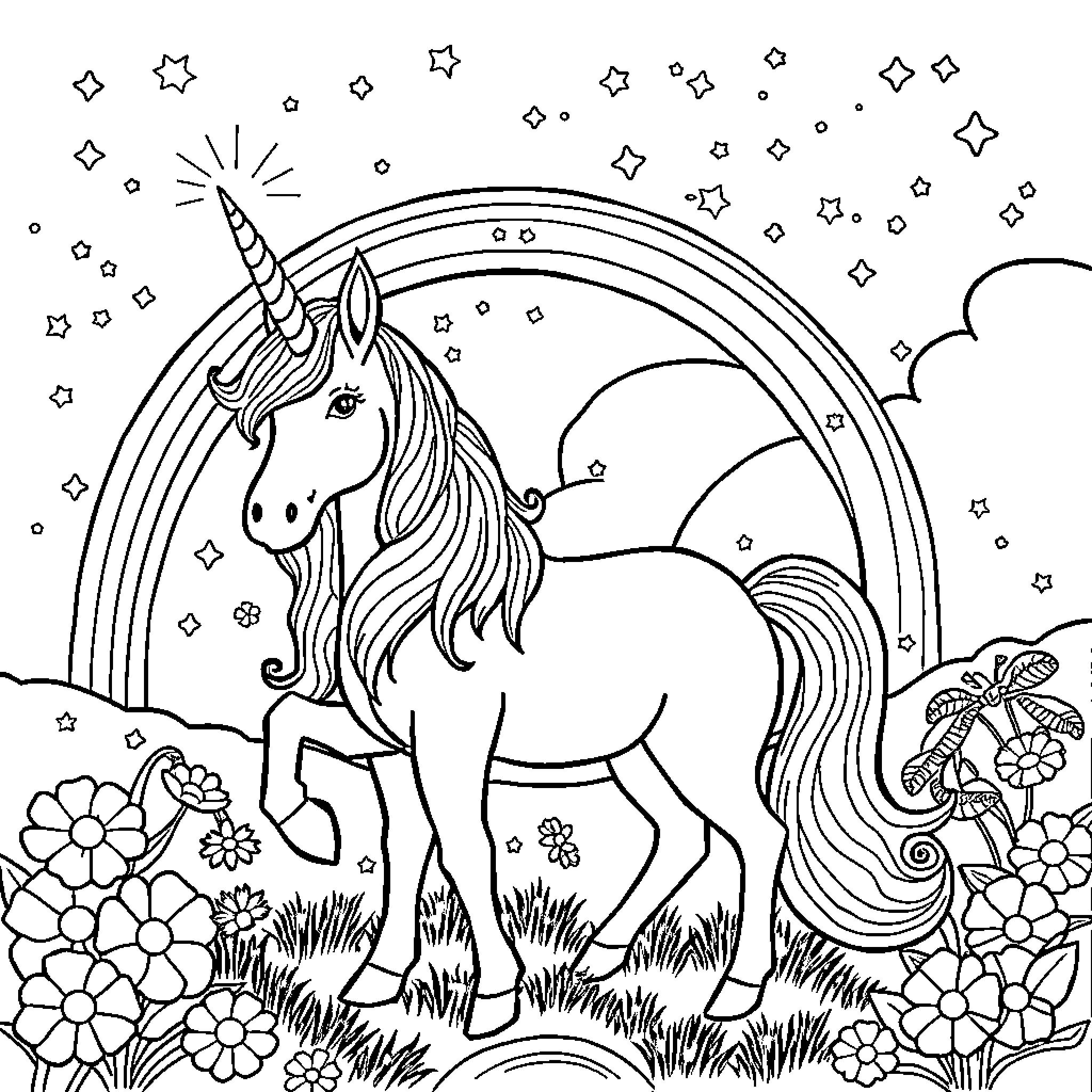 Unicorn prancing joyfully in magical meadow Coloring Page (free black-and-white line drawing printable PDF for all, from beginners to advanced learners, including children, teens, adults, and seniors)