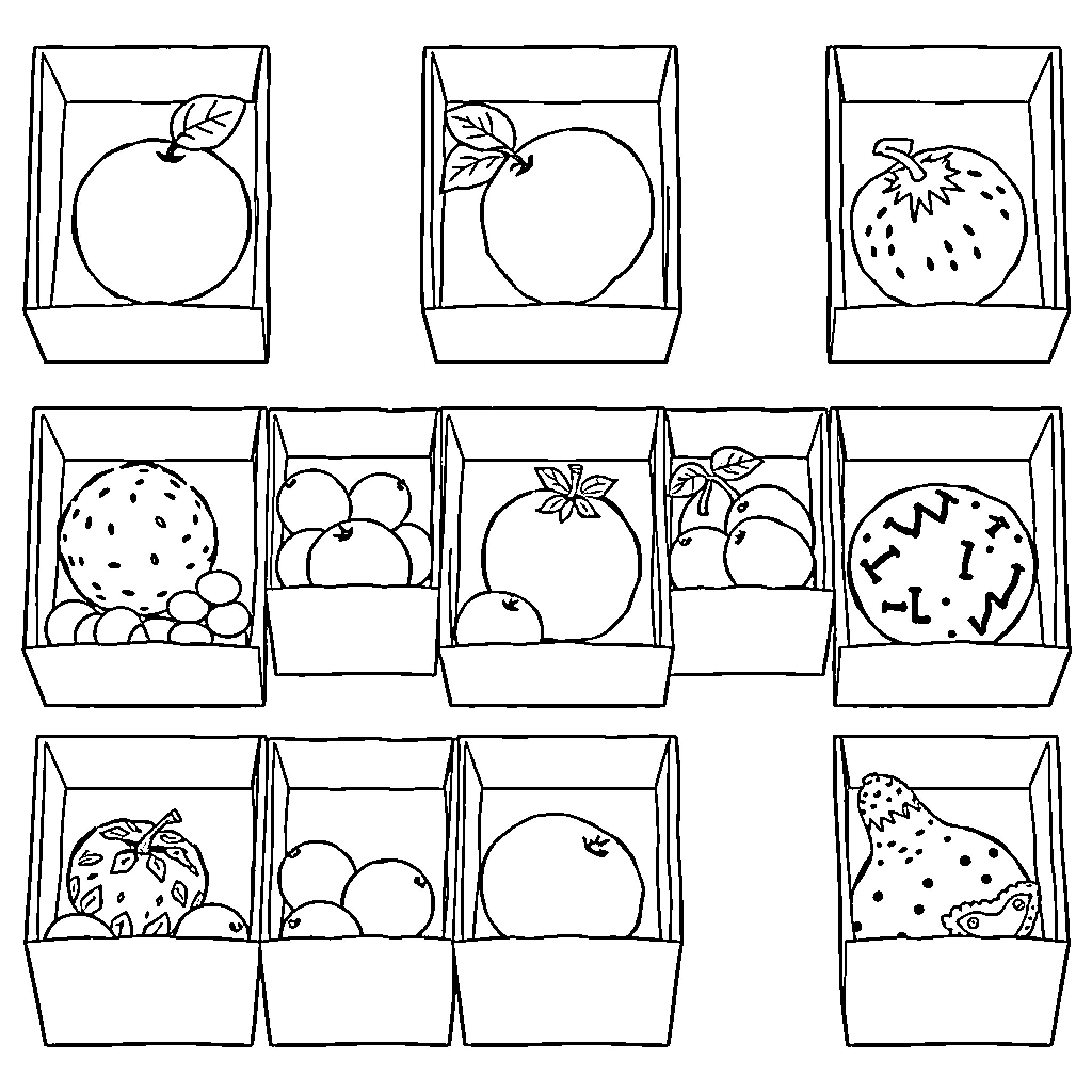 Fruit in Framed Boxes Coloring Page (free black-and-white line drawing printable PDF for all, from beginners to advanced learners, including children, teens, adults, and seniors)