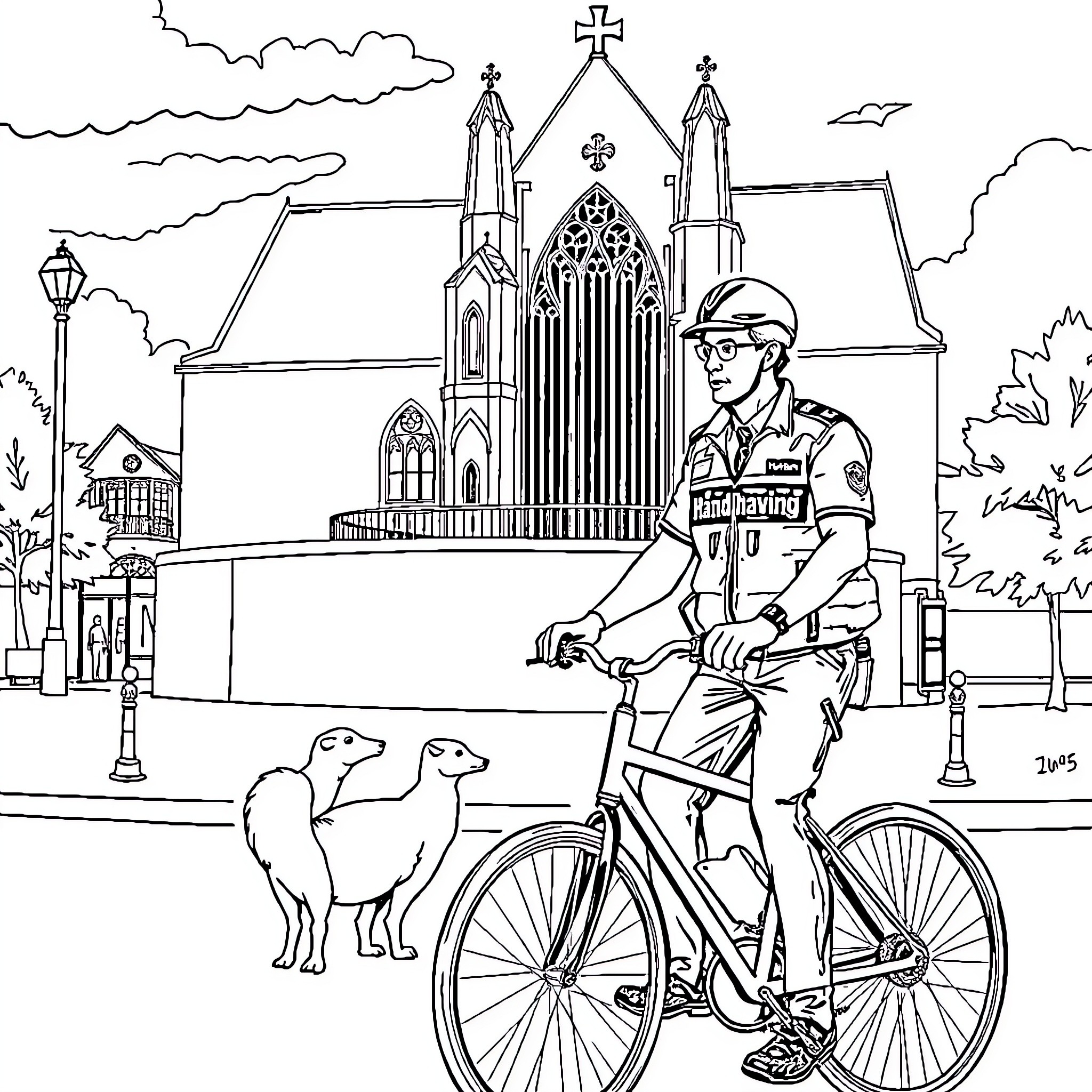 Politie Agent patrolling town on bicycle Coloring Page (free black-and-white line drawing printable PDF for all, from beginners to advanced learners, including children, teens, adults, and seniors)
