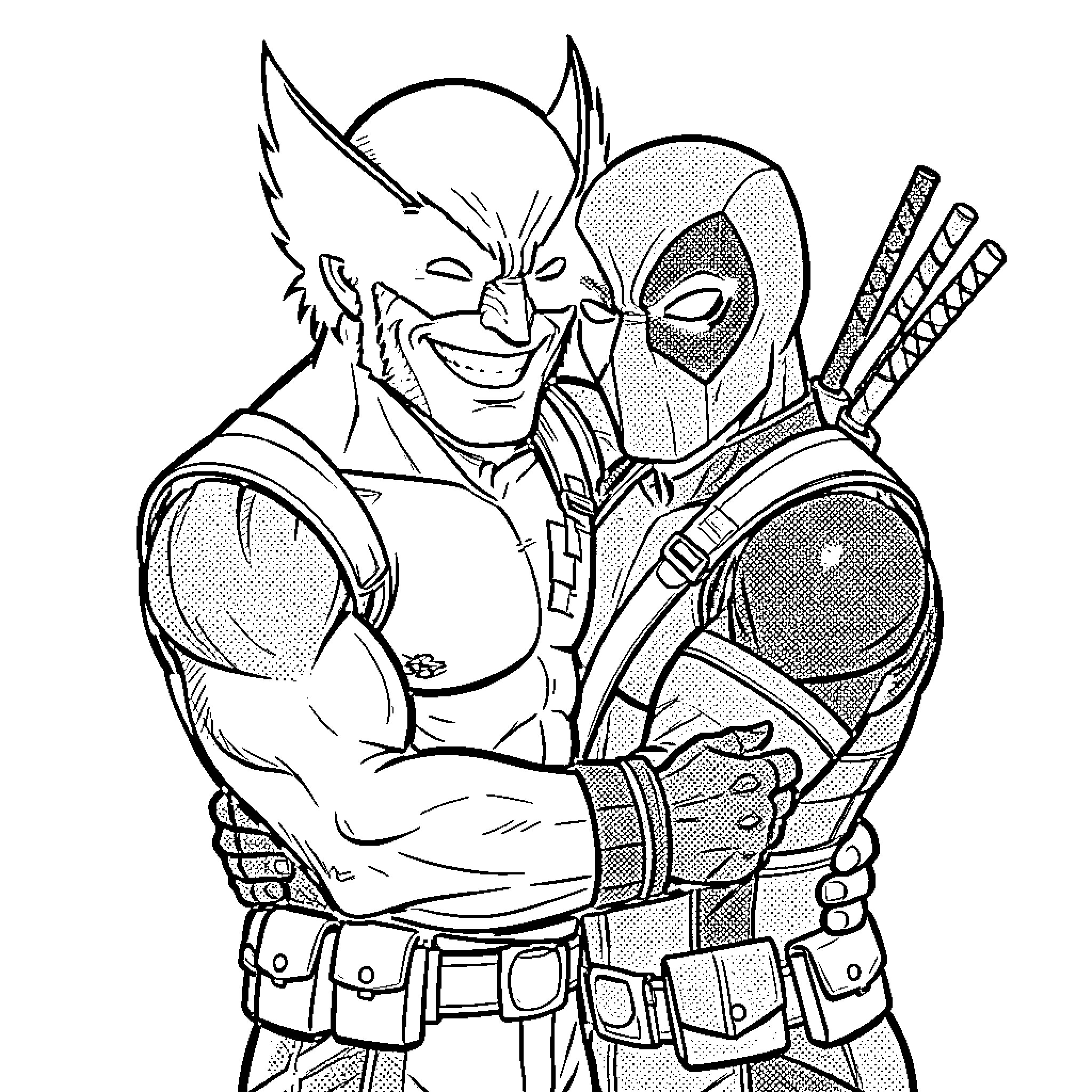 Wolverine and Deadpool sharing a friendly hug Coloring Page (free black-and-white line drawing printable PDF for all, from beginners to advanced learners, including children, teens, adults, and seniors)