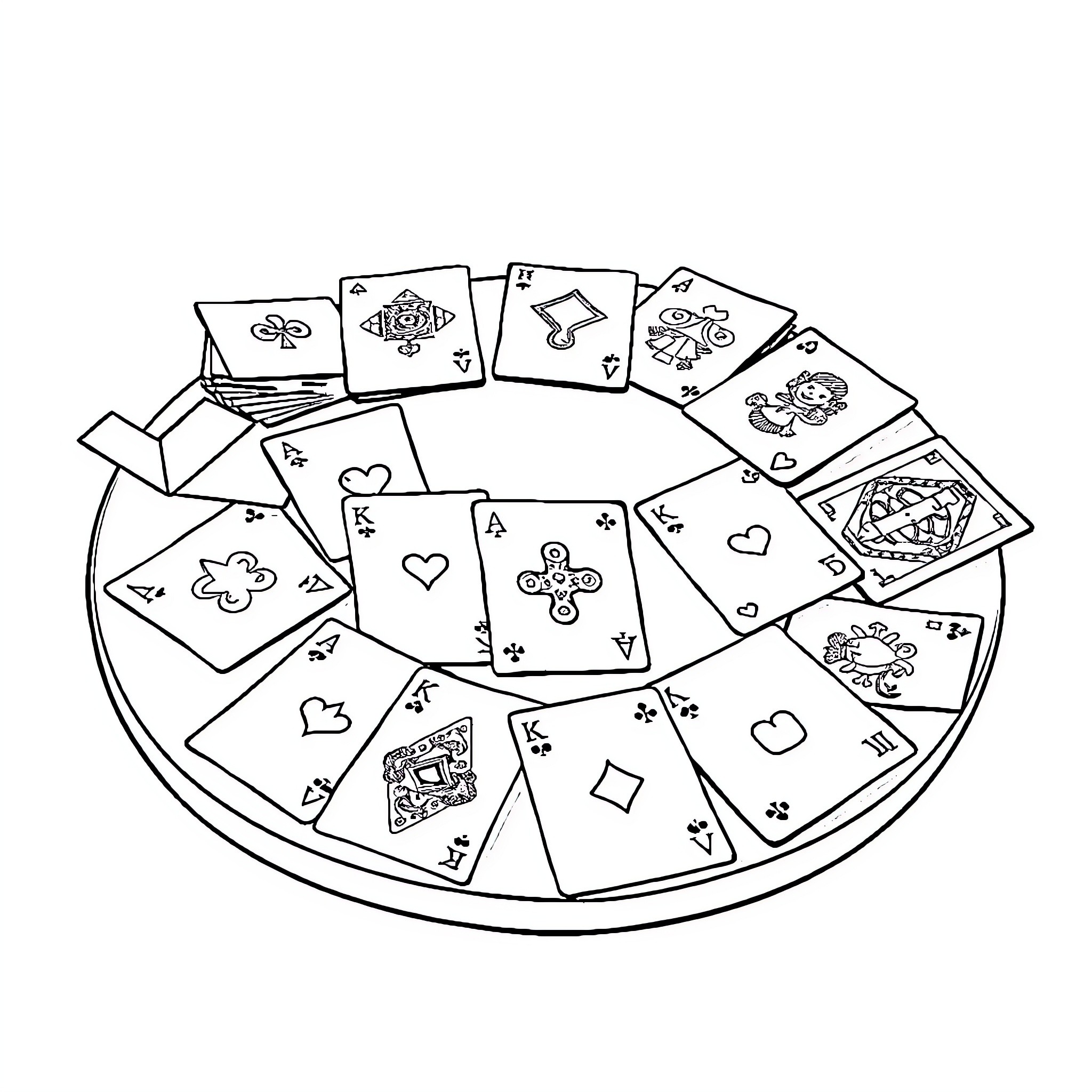 Card Game with Various Symbols and Designs Coloring Page (free black-and-white line drawing printable PDF for all, from beginners to advanced learners, including children, teens, adults, and seniors)
