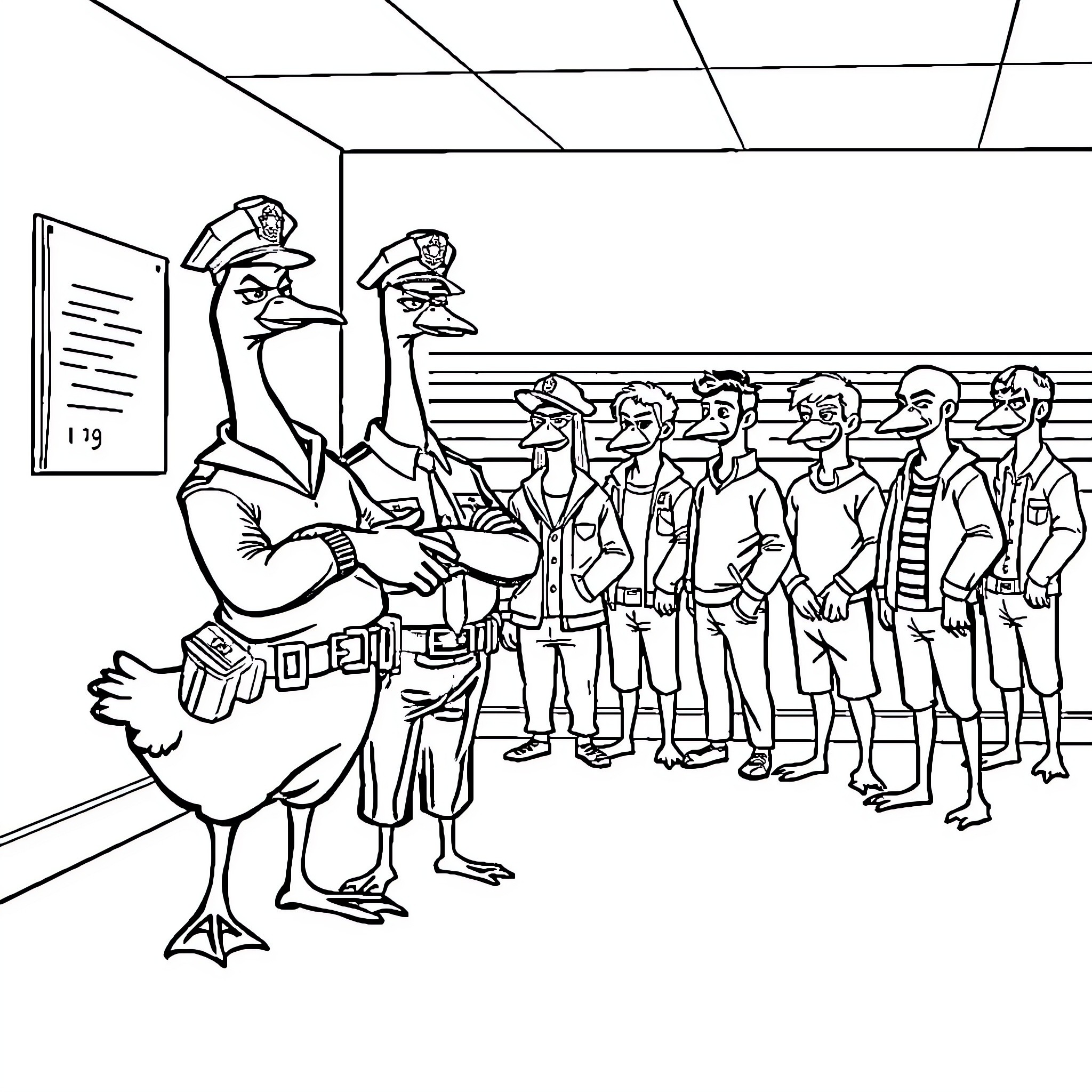 Goose officers inspecting a group of uniformed personnel Coloring Page (free black-and-white line drawing printable PDF for all, from beginners to advanced learners, including children, teens, adults, and seniors)