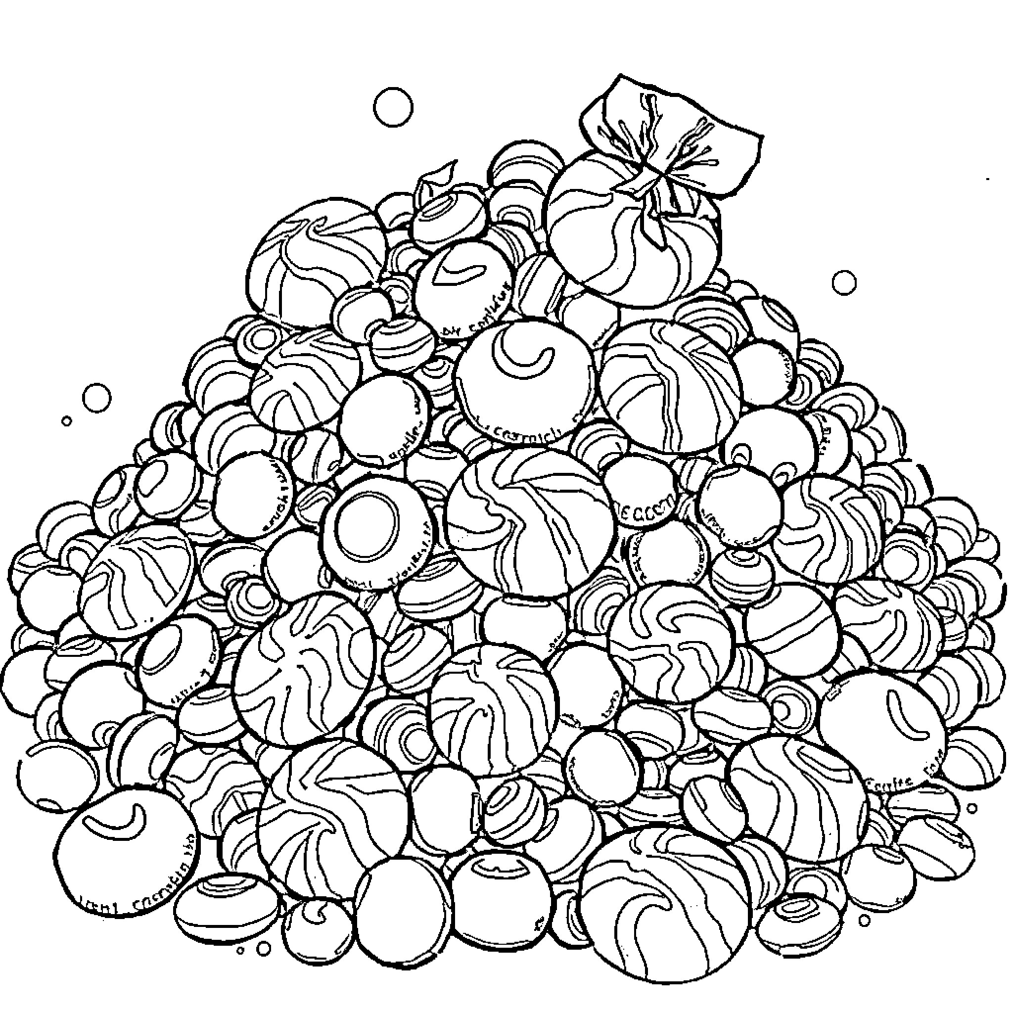 Candy Assortment Delight Coloring Page (free black-and-white line drawing printable PDF for all, from beginners to advanced learners, including children, teens, adults, and seniors)