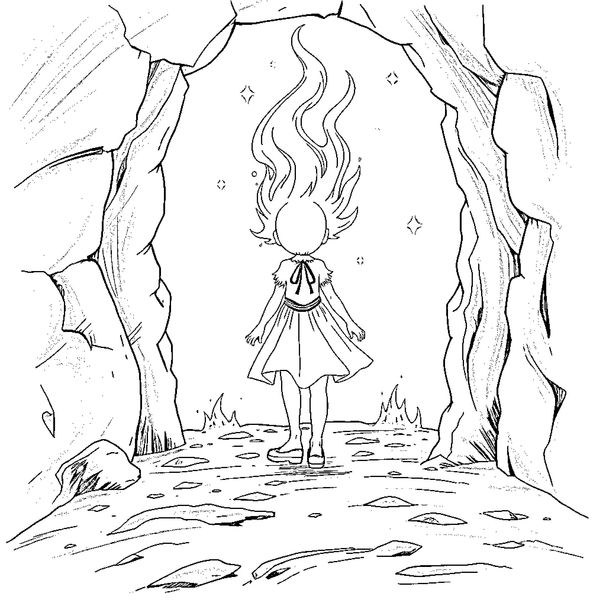 Girl standing in the mystical forest Coloring Page (free black-and-white line drawing printable PDF for all, from beginners to advanced learners, including children, teens, adults, and seniors)