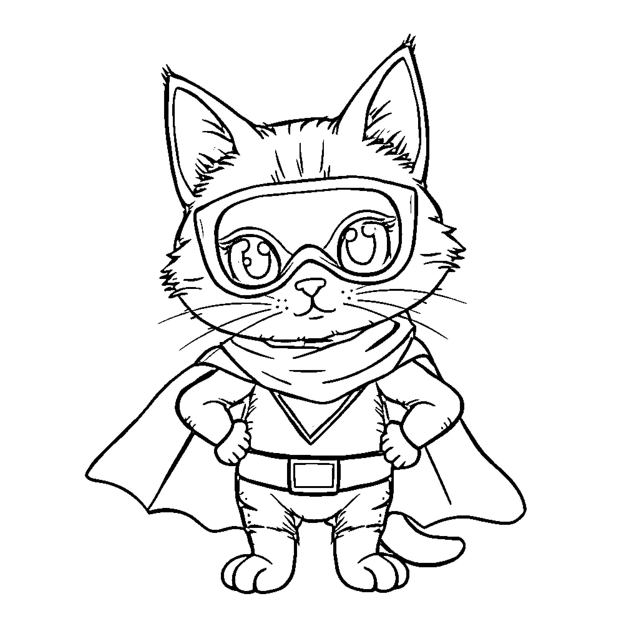 Cat superhero in costume and goggles Coloring Page (free black-and-white line drawing printable PDF for all, from beginners to advanced learners, including children, teens, adults, and seniors)