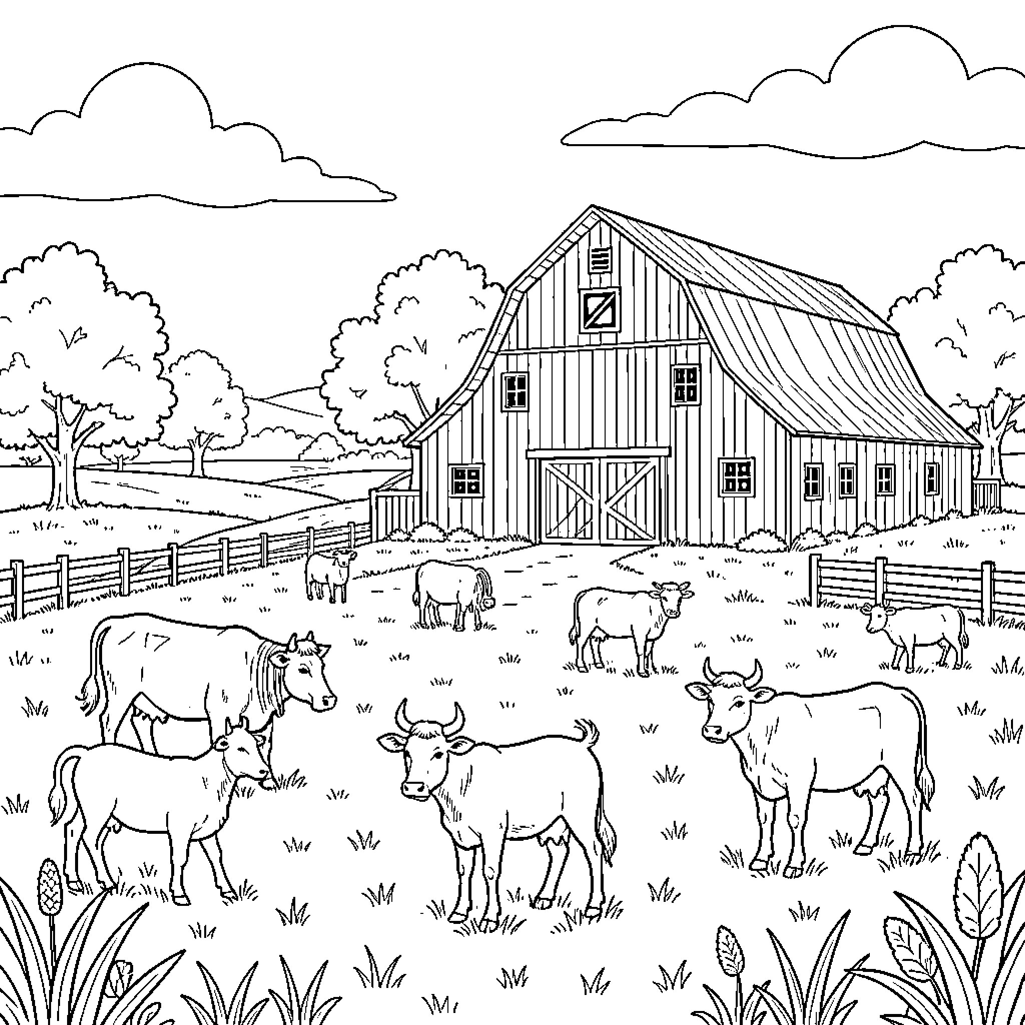 Zenón observing cows grazing in a farm pasture Coloring Page (free black-and-white line drawing printable PDF for all, from beginners to advanced learners, including children, teens, adults, and seniors)