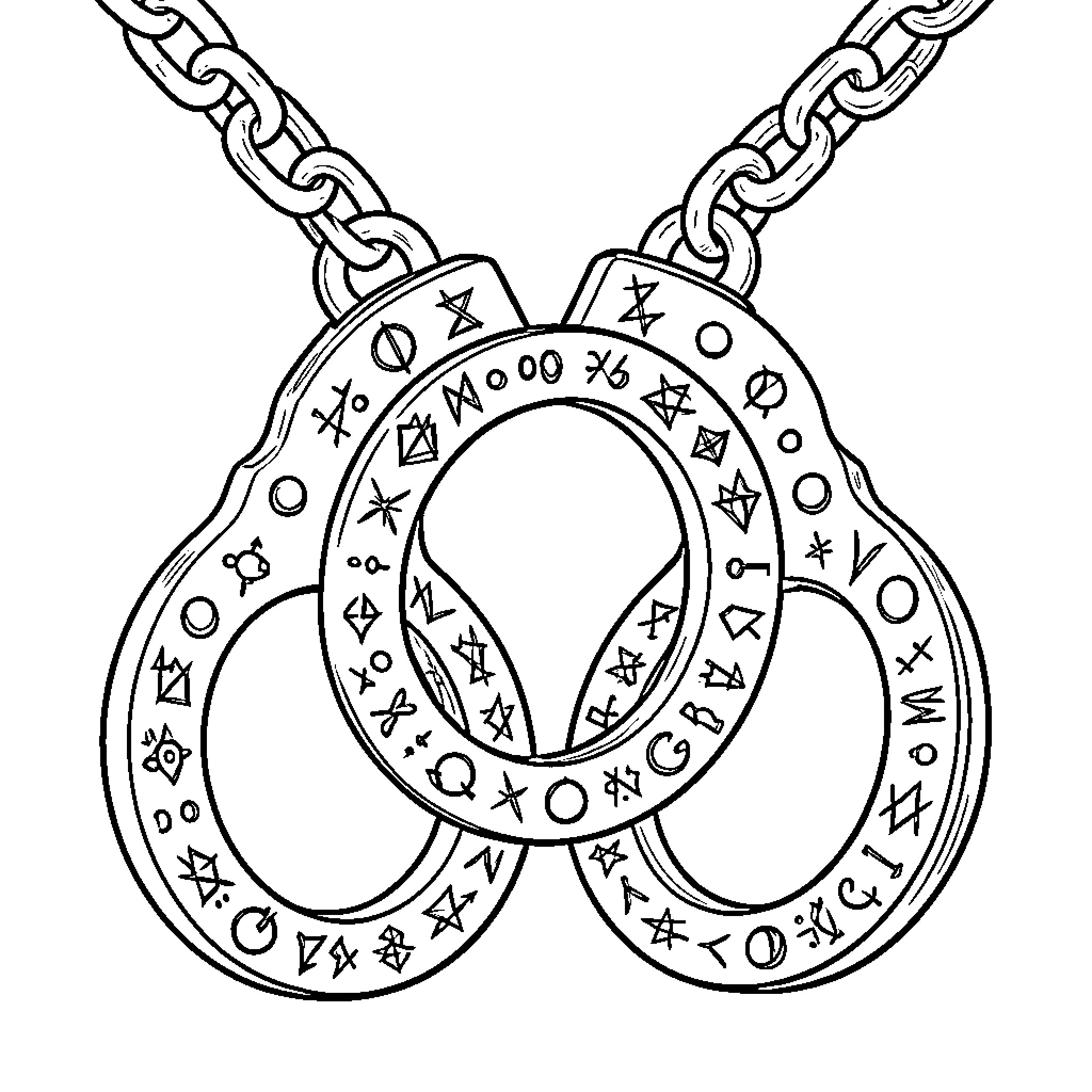 Shackle charms engraved with mystical symbols on a chain Coloring Page (free black-and-white line drawing printable PDF for all, from beginners to advanced learners, including children, teens, adults, and seniors)