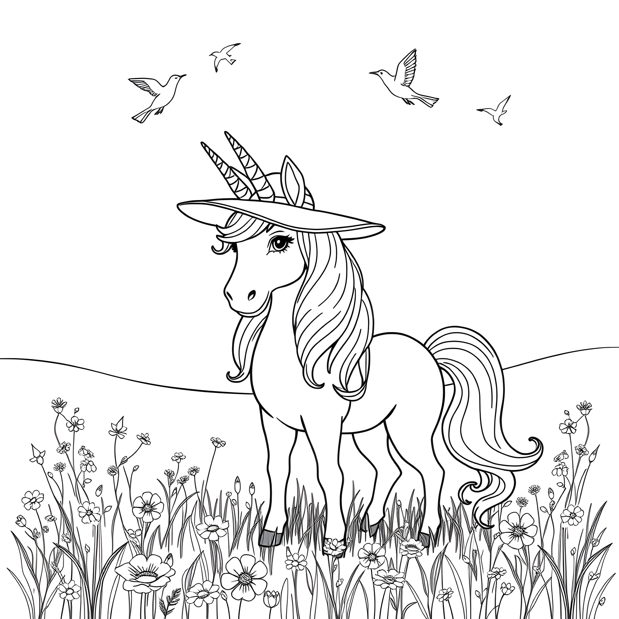 Unicorn standing in a flower-filled meadow with birds Coloring Page (free black-and-white line drawing printable PDF for all, from beginners to advanced learners, including children, teens, adults, and seniors)