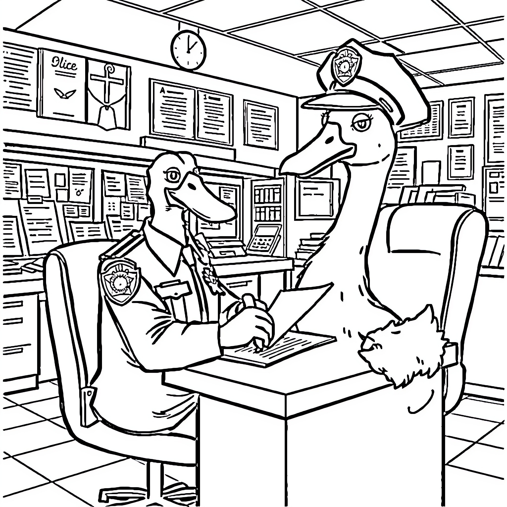 Goose officers directing operations in the police station Coloring Page (free black-and-white line drawing printable PDF for all, from beginners to advanced learners, including children, teens, adults, and seniors)