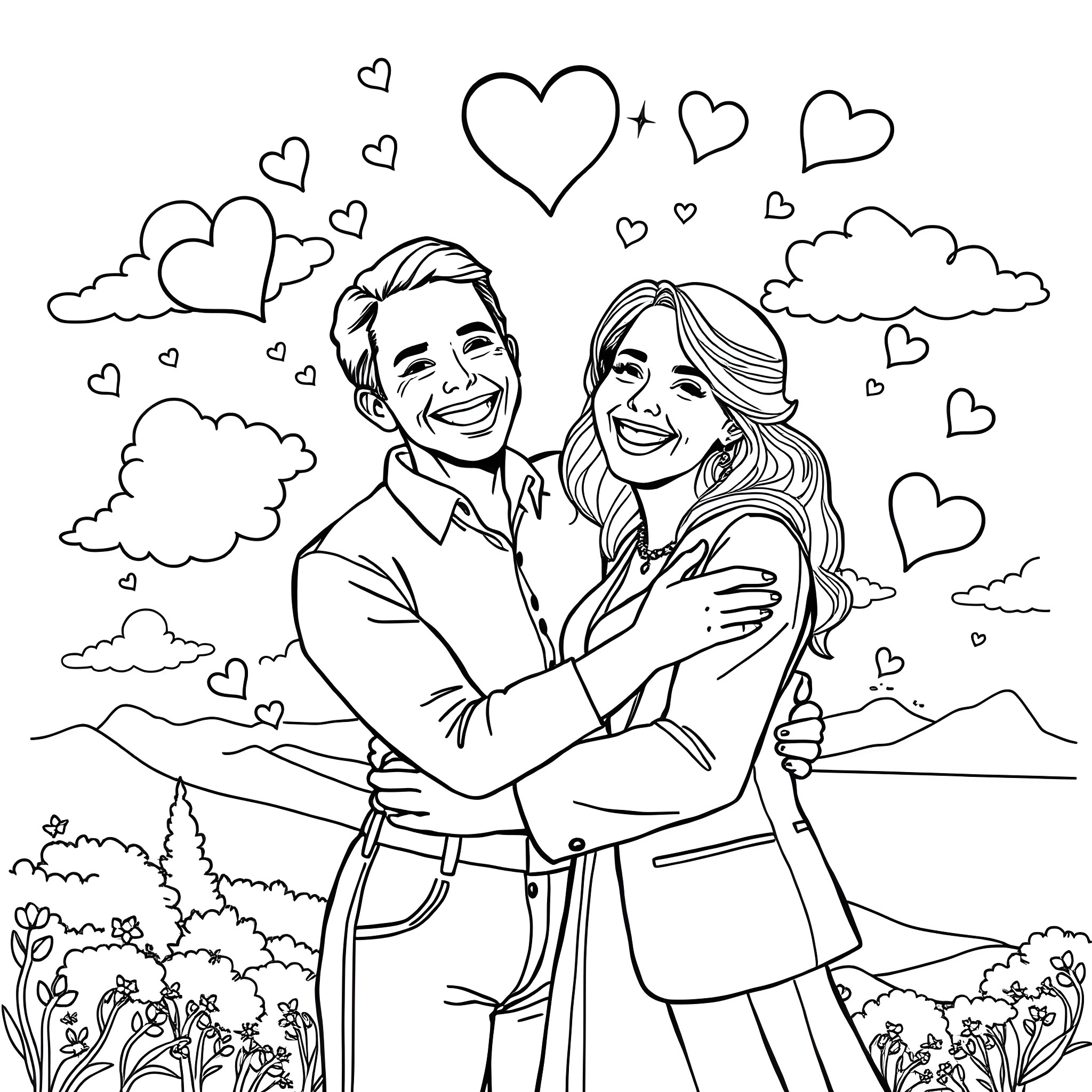 Mr. & Mrs. Willis Embracing Joyfully in Scenic Nature Coloring Page (free black-and-white line drawing printable PDF for all, from beginners to advanced learners, including children, teens, adults, and seniors)