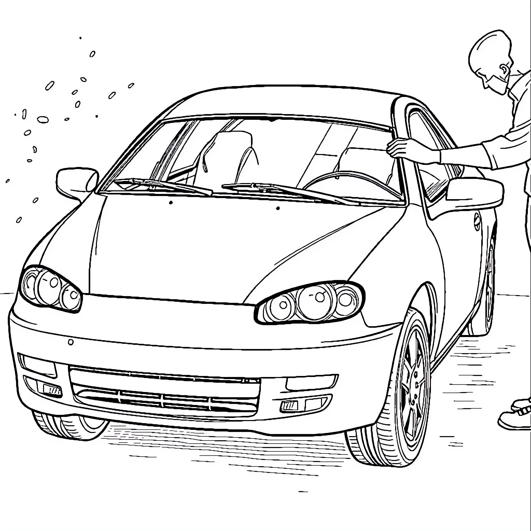 Car being washed by a person Coloring Page (free black-and-white line drawing printable PDF for all, from beginners to advanced learners, including children, teens, adults, and seniors)