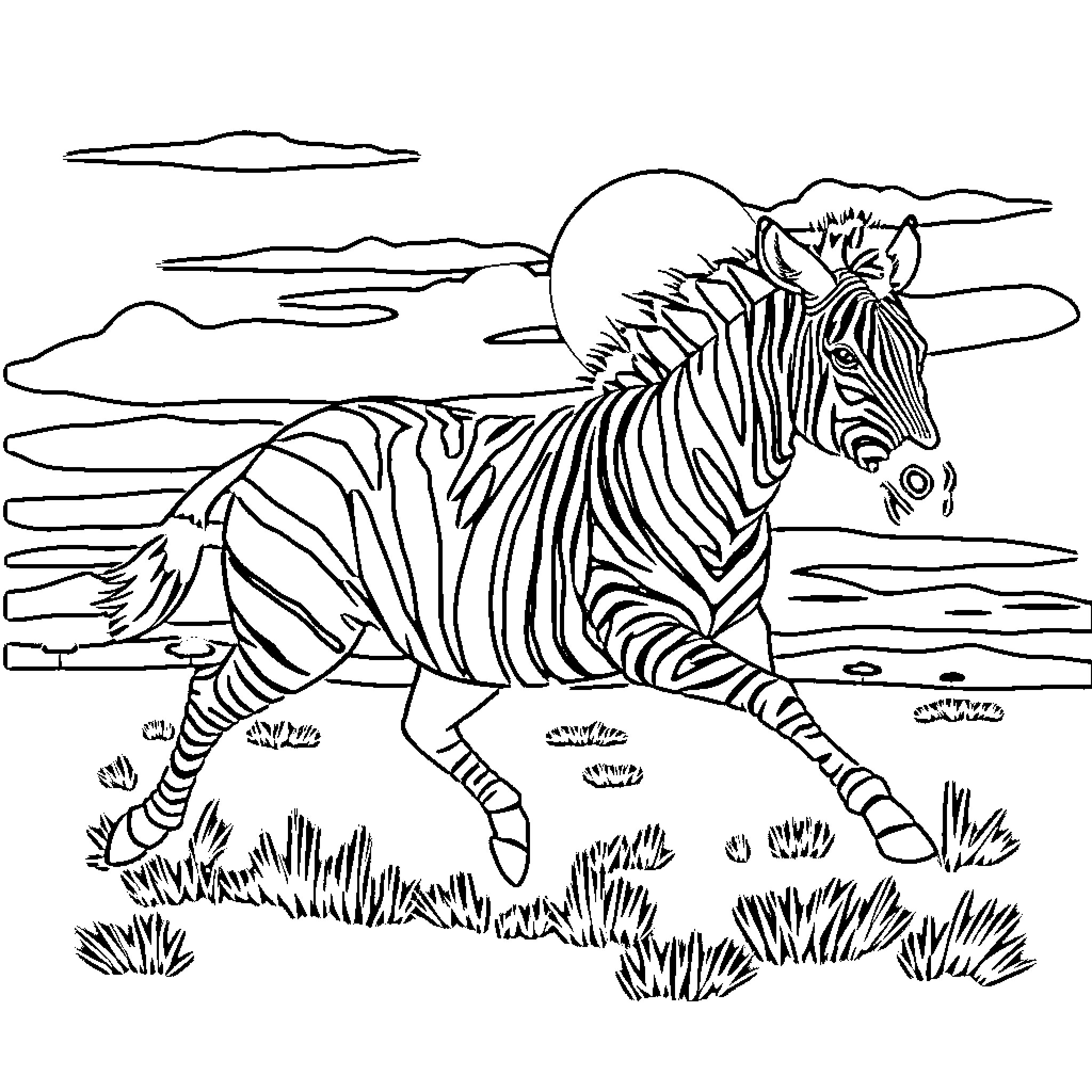 Zebra running through the savanna landscape Coloring Page (free black-and-white line drawing printable PDF for all, from beginners to advanced learners, including children, teens, adults, and seniors)