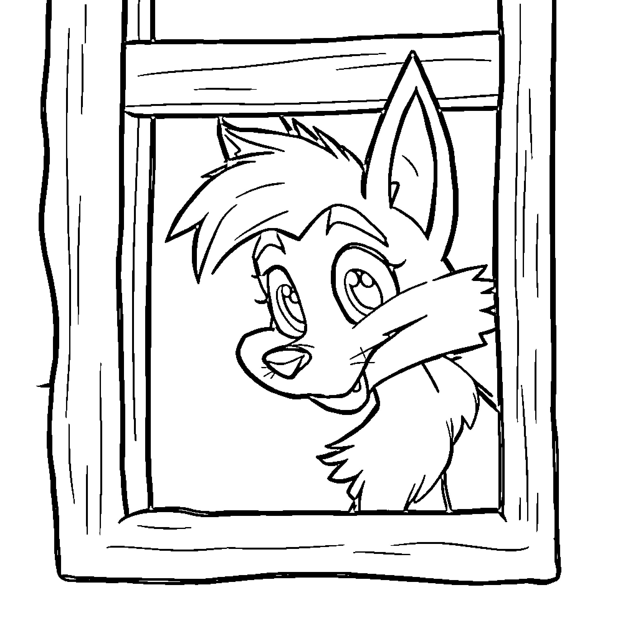 Jinx the Playful Pup in the Window Coloring Page (free black-and-white line drawing printable PDF for all, from beginners to advanced learners, including children, teens, adults, and seniors)