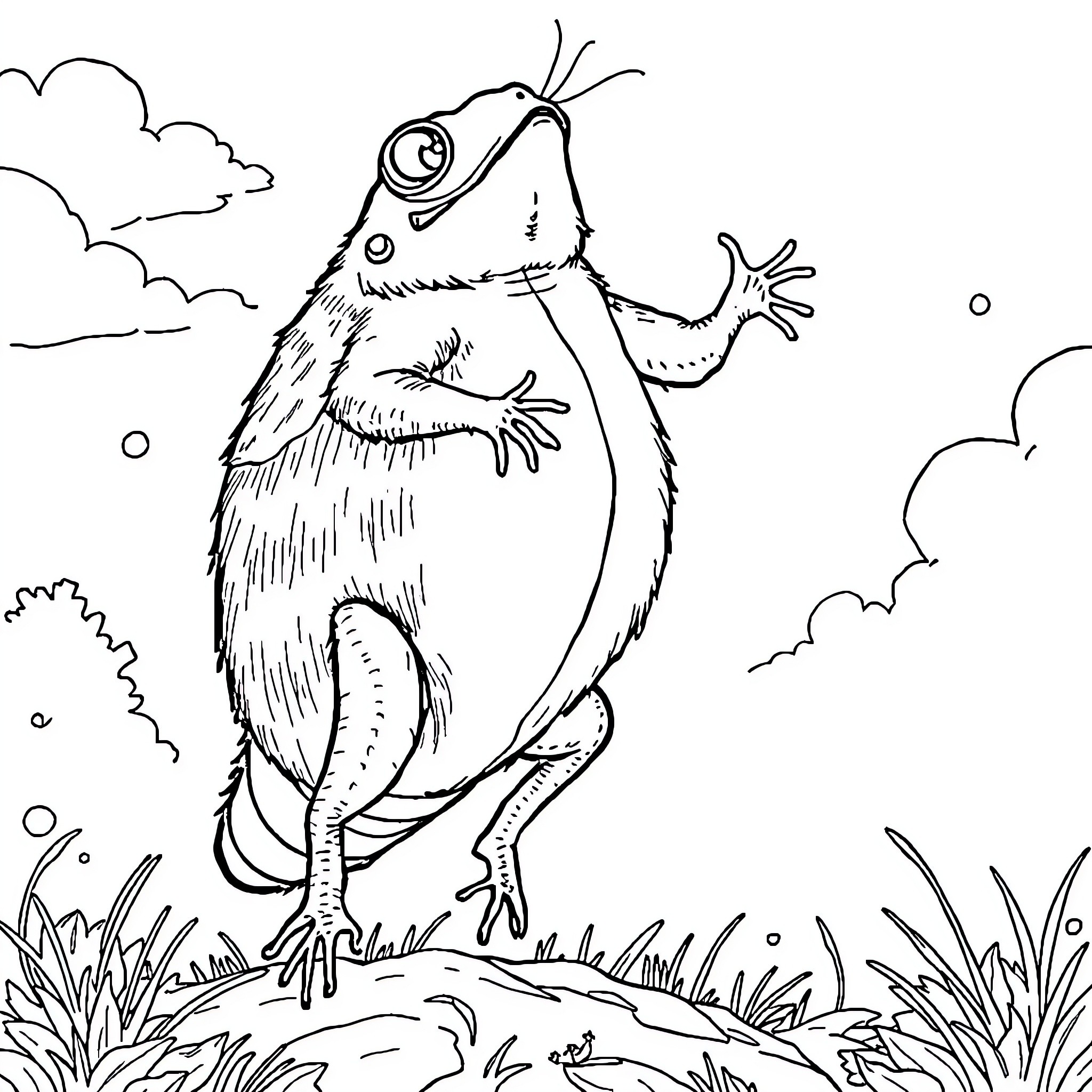 Ours curious creature in the grassy field Coloring Page (free black-and-white line drawing printable PDF for all, from beginners to advanced learners, including children, teens, adults, and seniors)