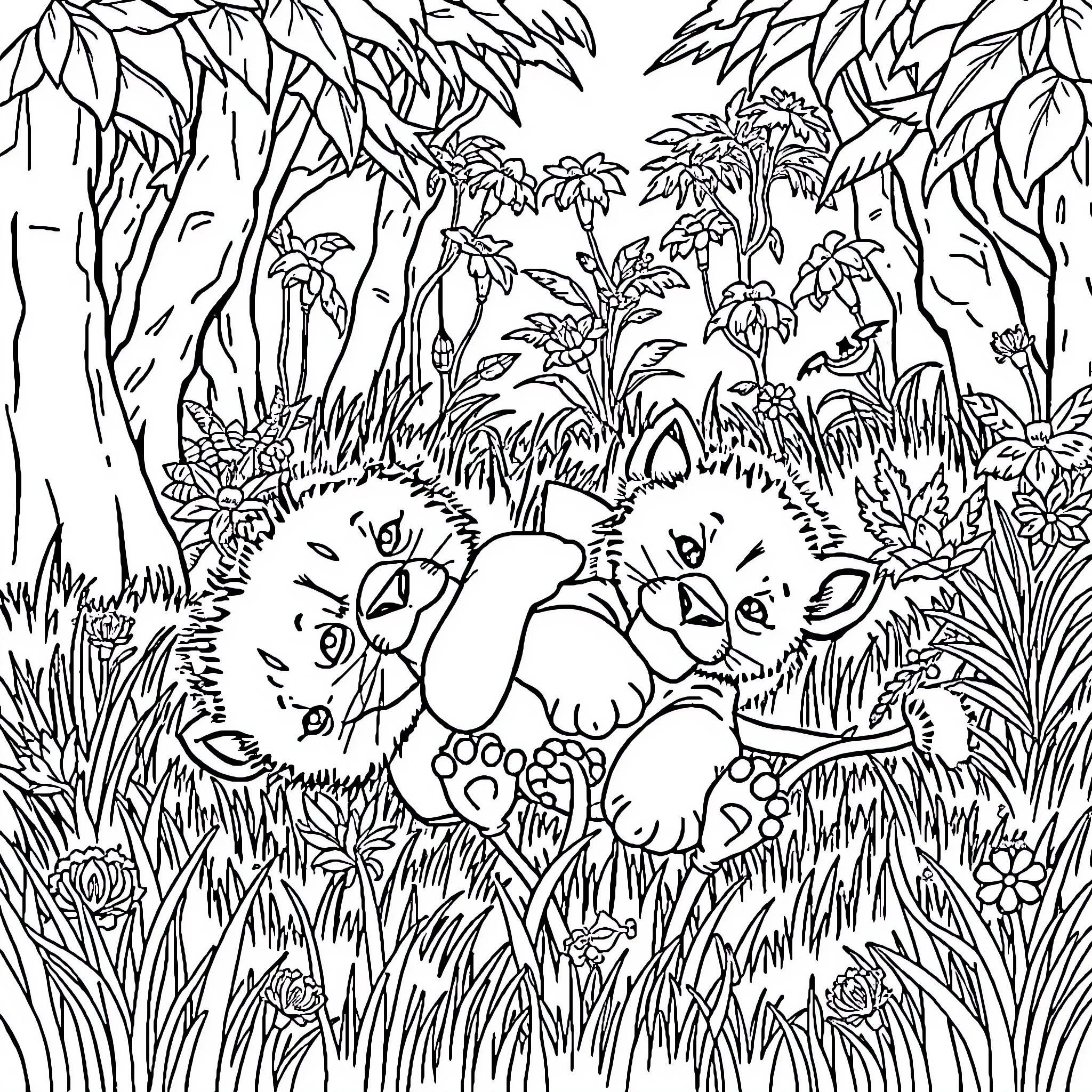 Lion cubs playing in the wild jungle Coloring Page (free black-and-white line drawing printable PDF for all, from beginners to advanced learners, including children, teens, adults, and seniors)
