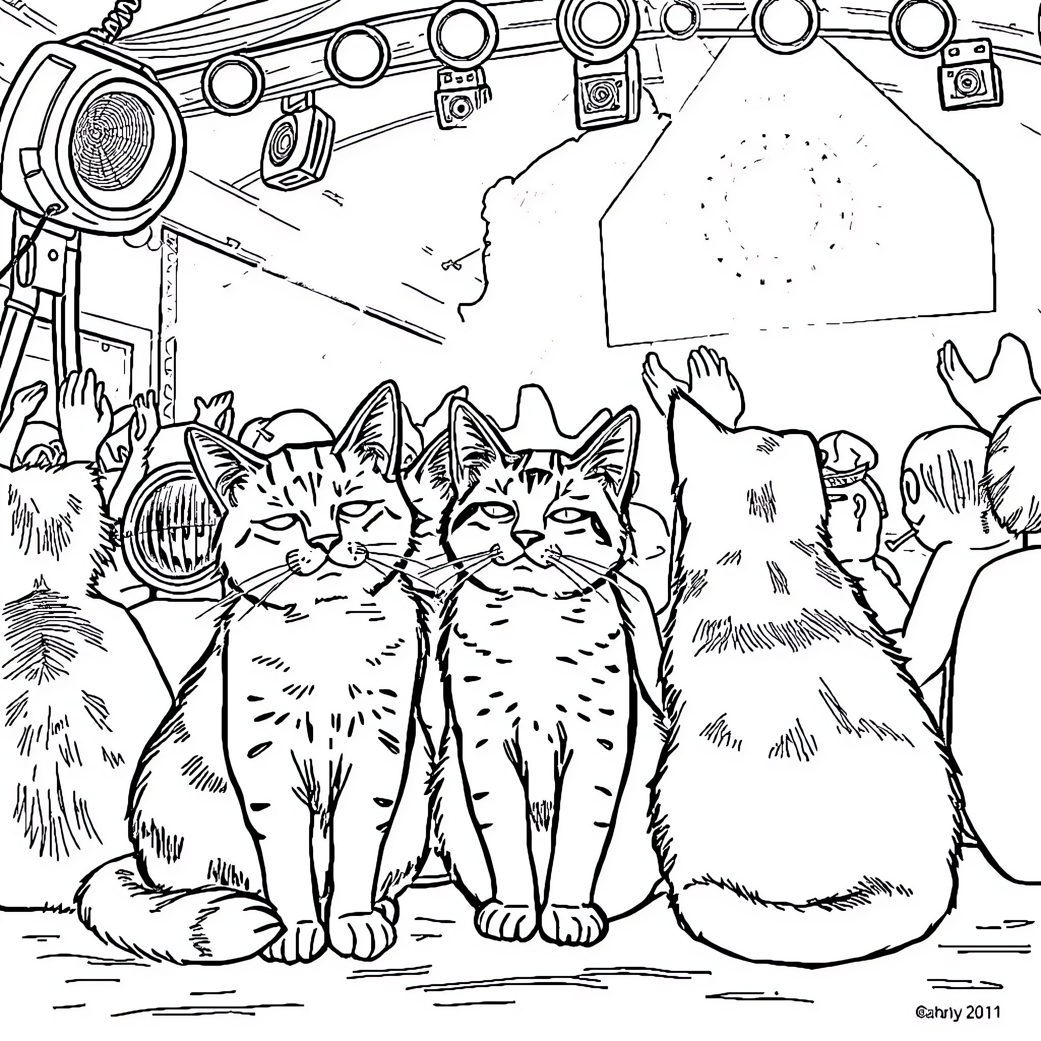 Cat concert with microphones and speakers Coloring Page (free black-and-white line drawing printable PDF for all, from beginners to advanced learners, including children, teens, adults, and seniors)