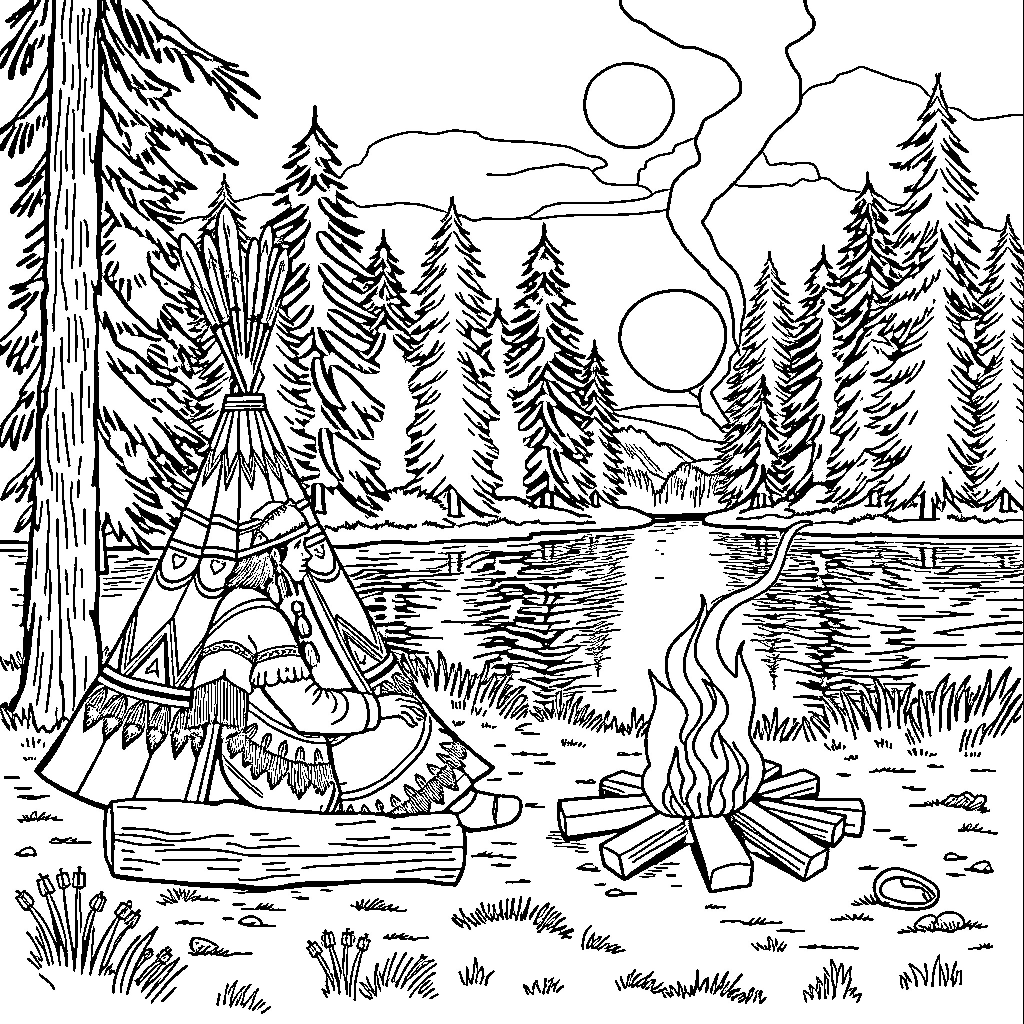 Native American camping in tranquil forest landscape Coloring Page (free black-and-white line drawing printable PDF for all, from beginners to advanced learners, including children, teens, adults, and seniors)