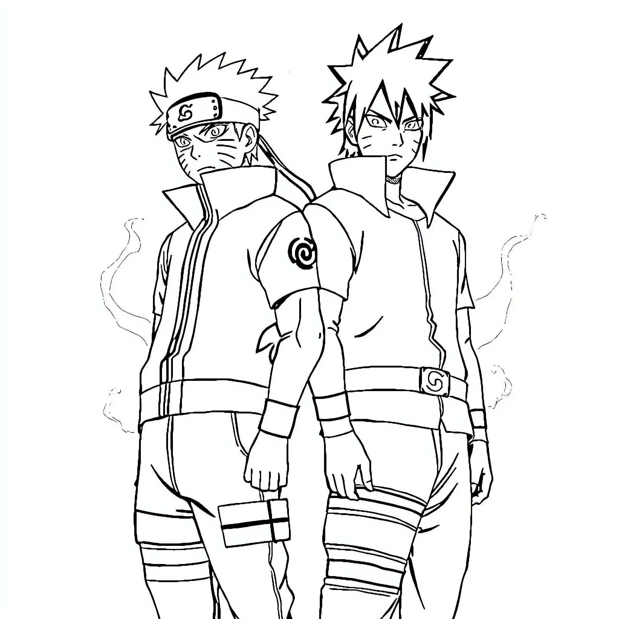 Naruto characters in dynamic poses Coloring Page (free black-and-white line drawing printable PDF for all, from beginners to advanced learners, including children, teens, adults, and seniors)