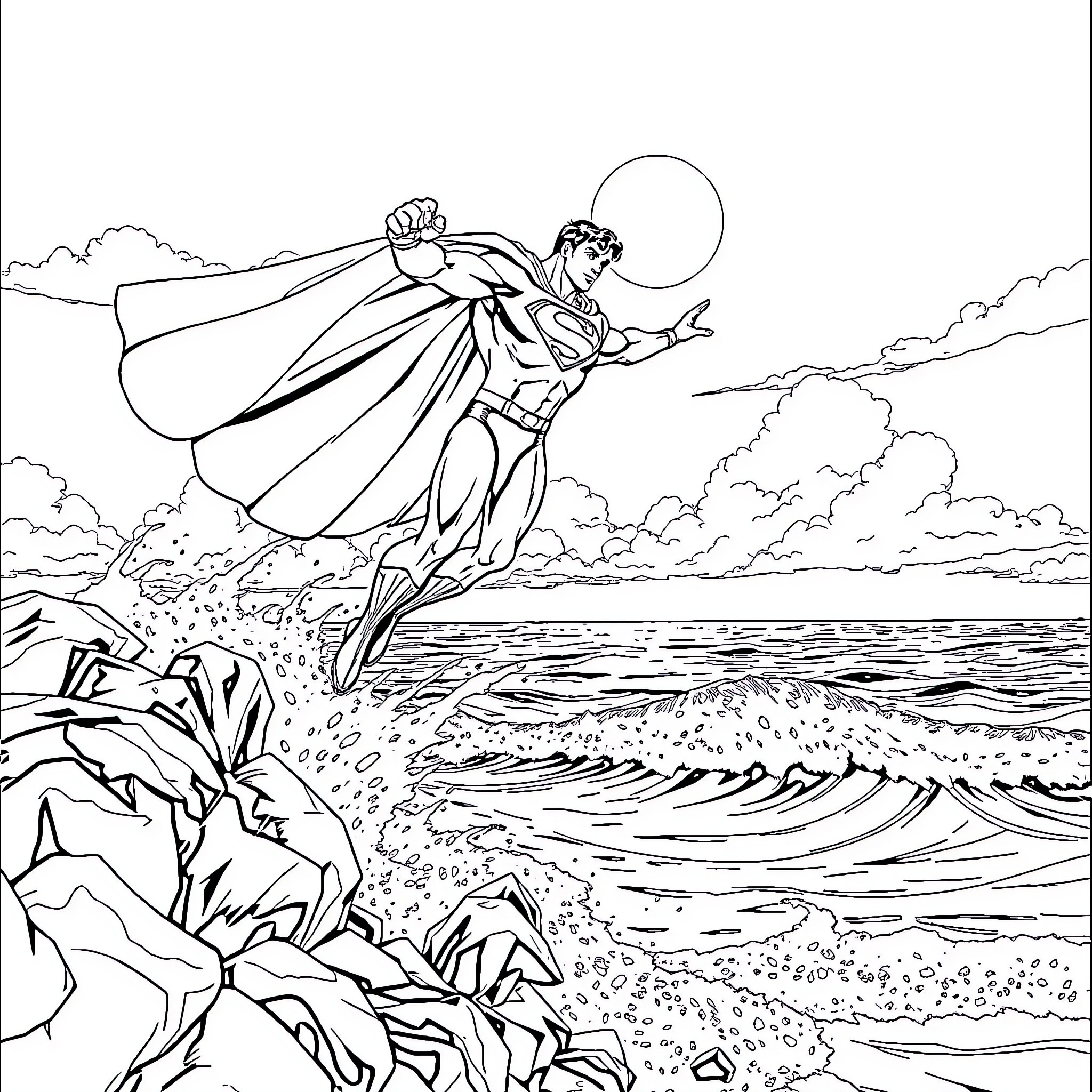 Superman soaring heroically over crashing waves Coloring Page (free black-and-white line drawing printable PDF for all, from beginners to advanced learners, including children, teens, adults, and seniors)
