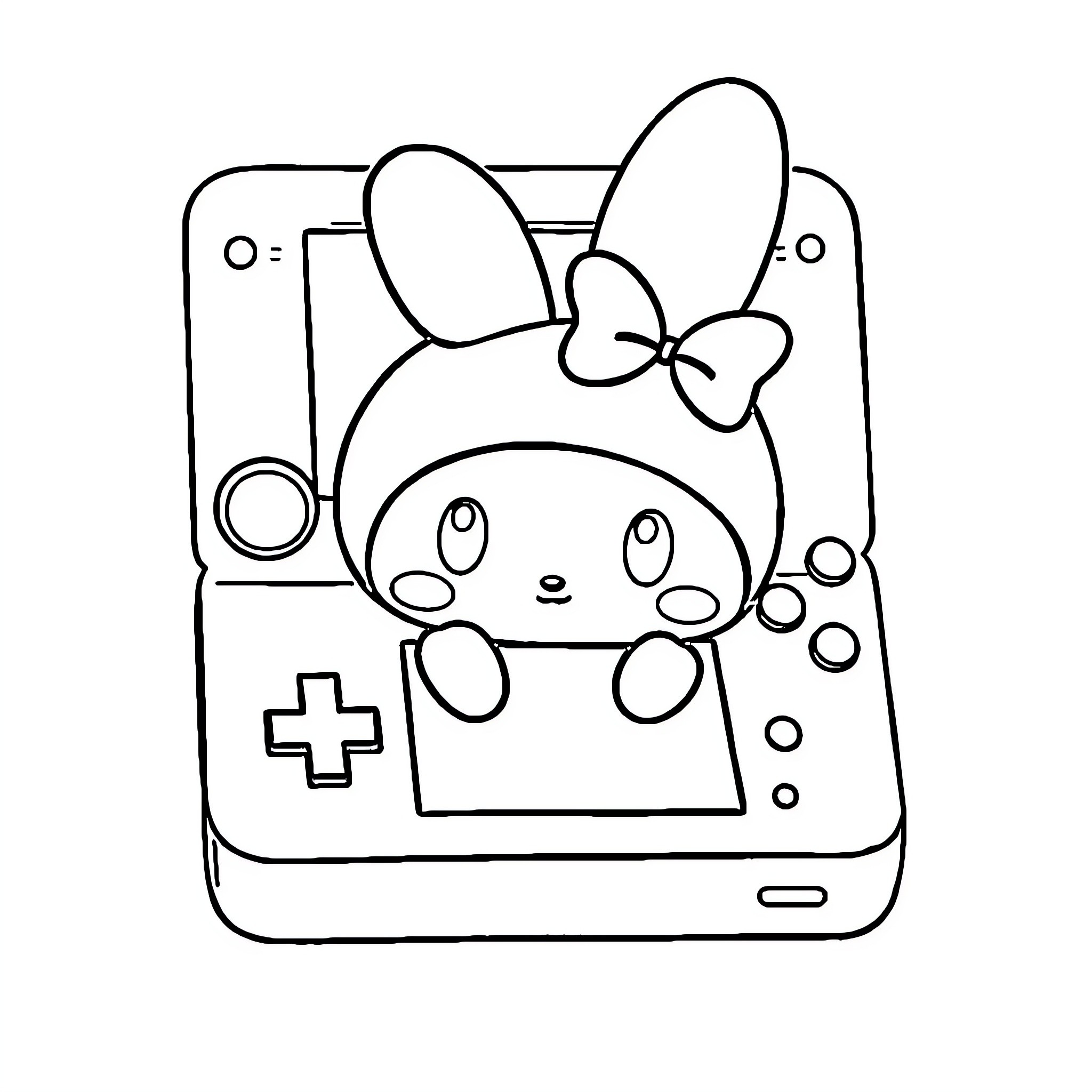 My Melody Cute Handheld Console Coloring Page (free black-and-white line drawing printable PDF for all, from beginners to advanced learners, including children, teens, adults, and seniors)